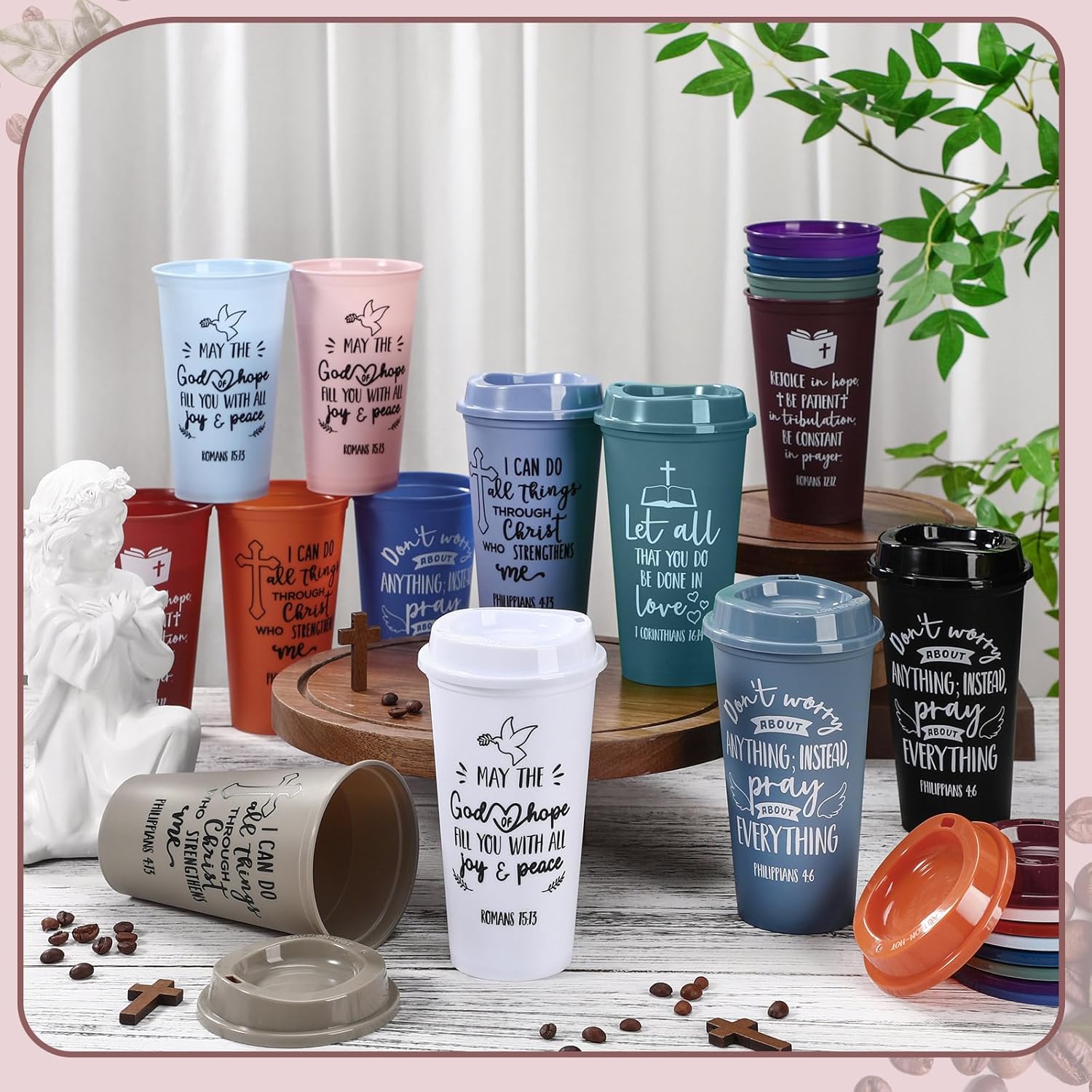 Pickmesh 15 Pcs Christian Gift for Employee Christian Tumblers for Women Religious Employee Appreciation Gift Bible Verse 16 oz Plastic Tumbler with Lids for Church Teacher Staff (Morandi Color 2) - Image 3