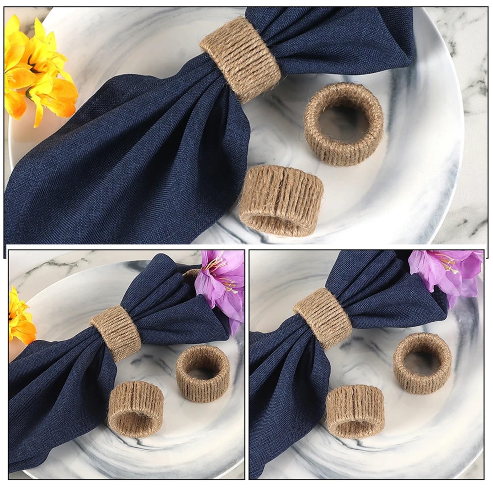 Portatovaglioli, 16 pezzi, portatovaglioli in corda intrecciata, stile rustico, decorazione da tavolo per sala da pranzo, festa di nozze, set con fibbia