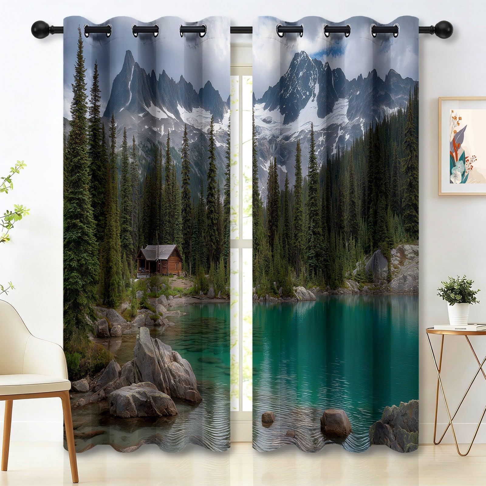 Rideaux occultants thermiques motif paysage bleu finitions œillets