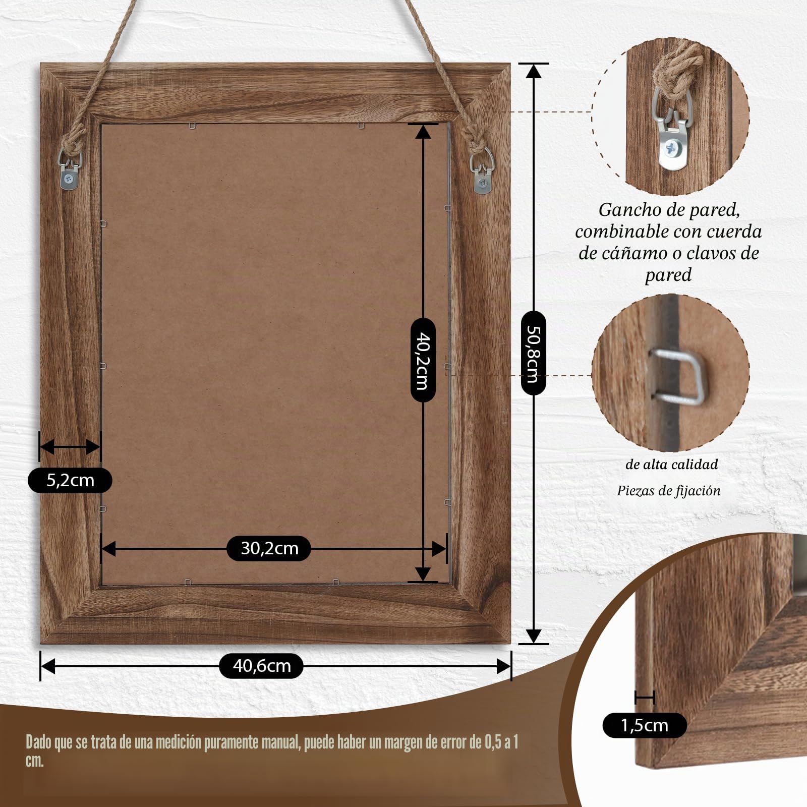 Muzilife Espejo de pared de madera maciza de 40 x 50 cm, espejo rectangular con marco de madera para dormitorio, baño, salón, pasillo, con cuerda de lino, color marrón