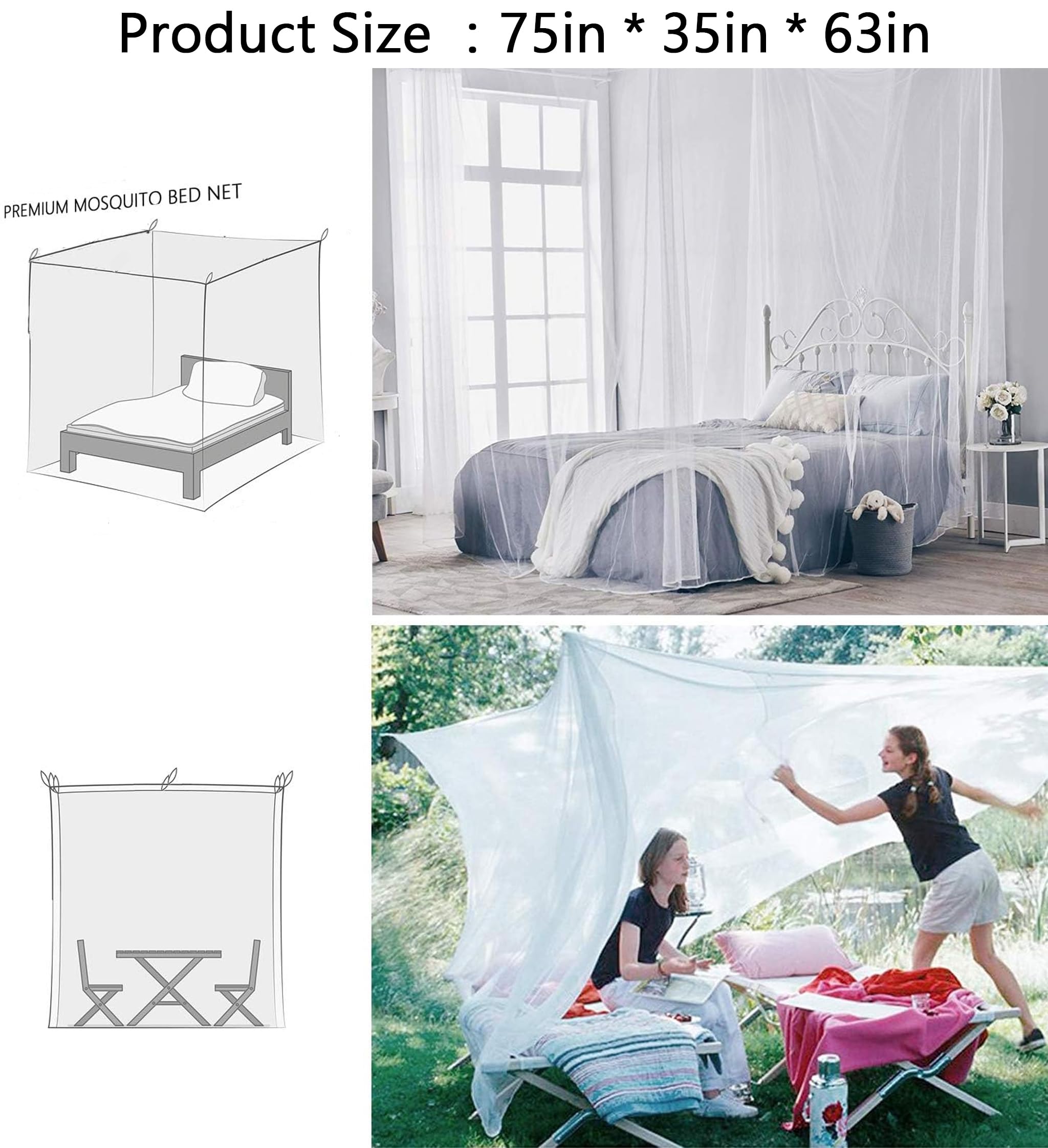 Mosquito Net for Bed 4 Corner Post Curtains-Single-Door Design Bed Canopy Single Bed Mosquito Net Set Bed Canopy for Girls Easy Installation for Travel and Home Garden Camping (White) - Image 2