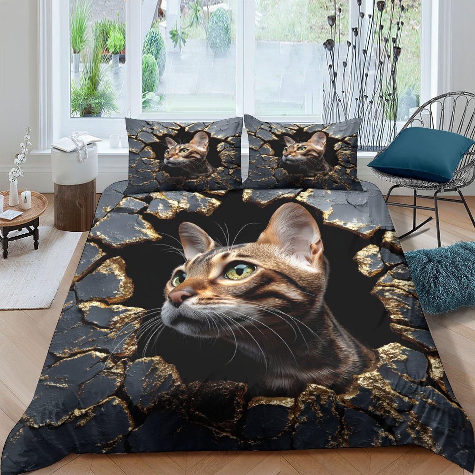 Ctjqhvkz Style-7 3D Printed Realistic Cat Pattern Fitted Sheet Microfiber Soft Black Gold Texture Mattress Cover For Bedroom Dorm Decor Single（135X200cm）