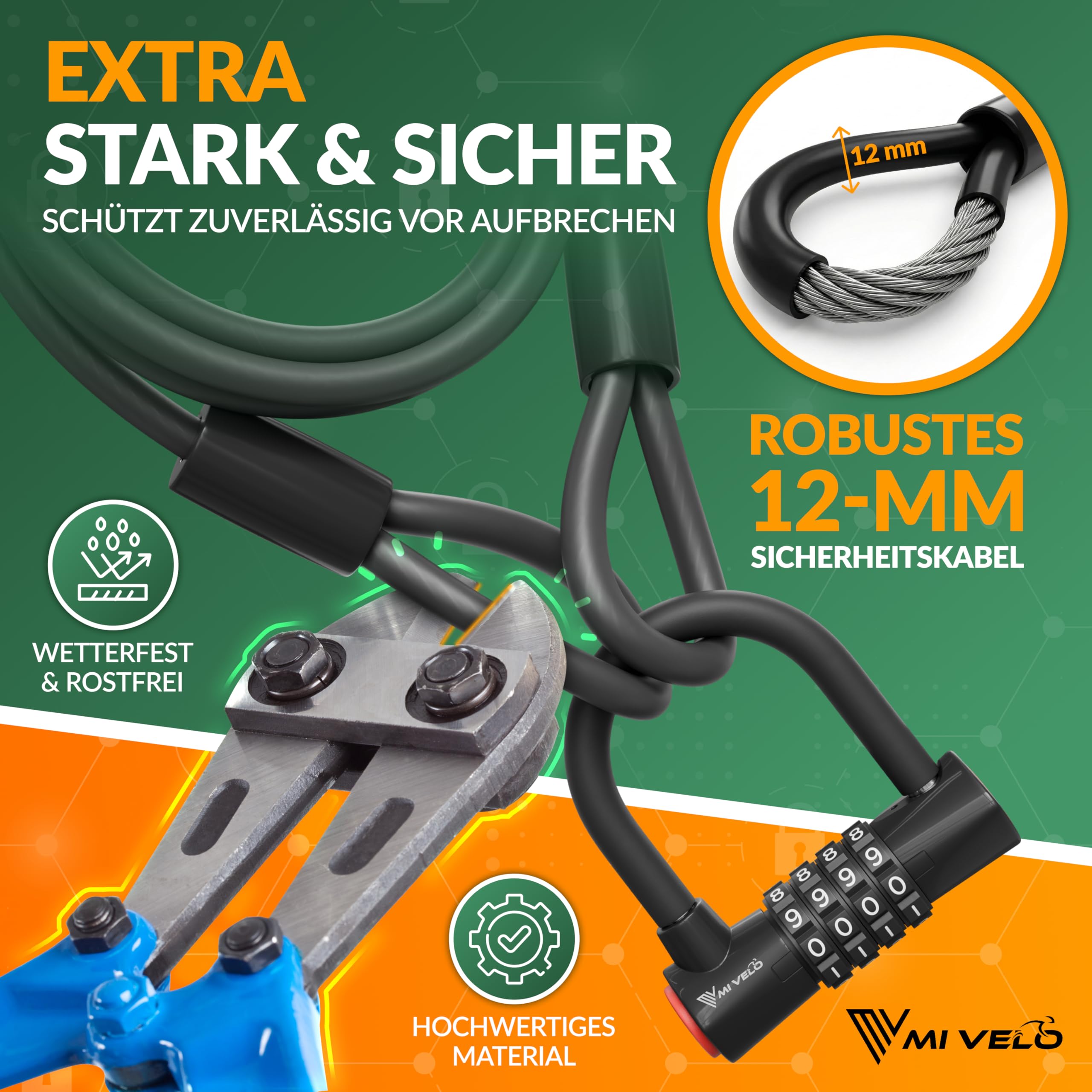MIVELO Fahrradschloss Kabelschloss 2M lang mit Zahlencode - Schloss mit Stahlkabel für Fahrrad, Gartenmöbel uvm. - 200cm Zahlenschloss mit 10.000 möglichen Kombinationen (2 Meter mit Zahlencode)