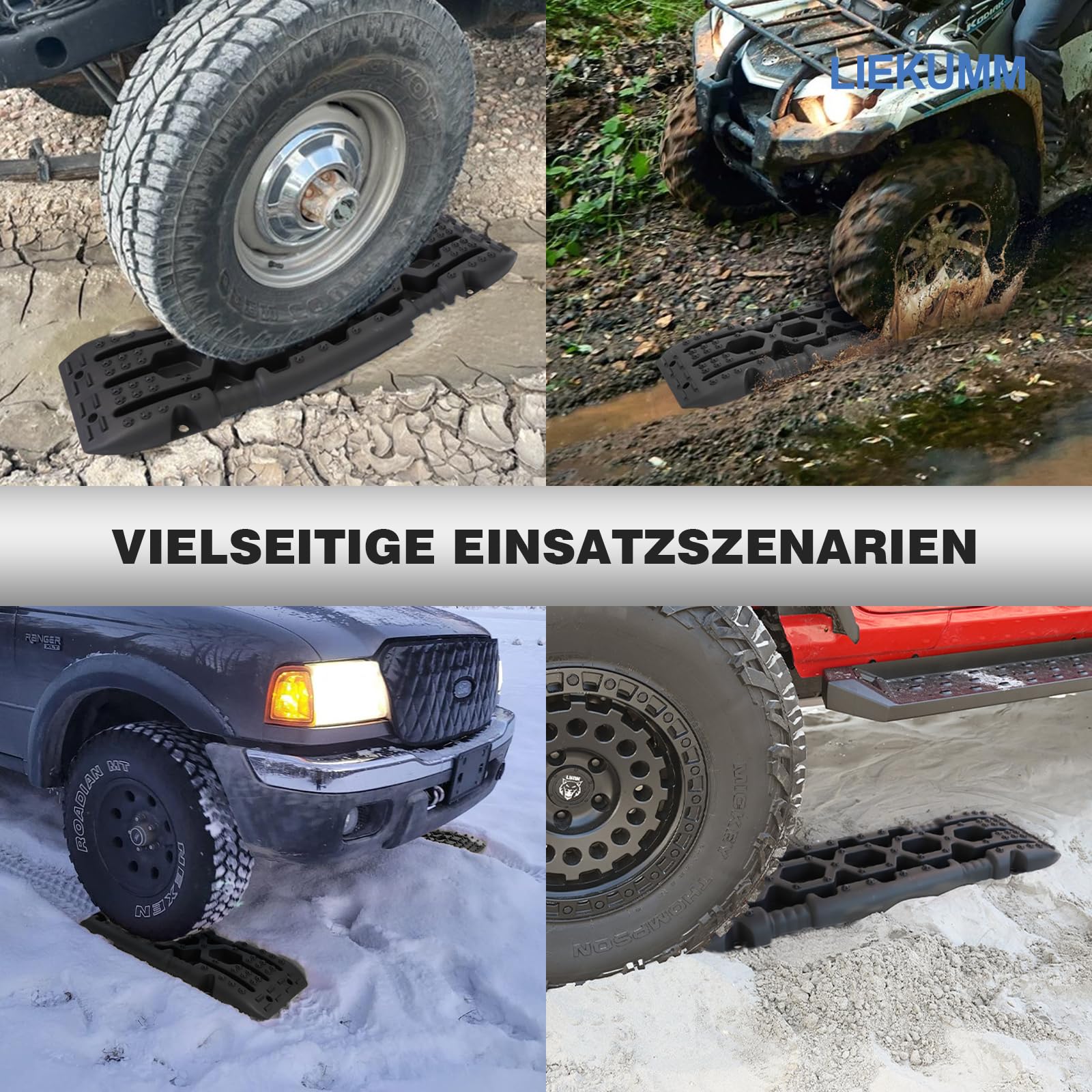 LIEKUMM 2 Stücke Sandbleche Offroad, 104 x 28 cm Sandbleche Kunststoff, 10 T Tragkraft Sandbleche Wohnmobil, Kunststoff Sandblech für Geländewagen PKW LKW, Sandboard für Sand Schlamm Schne