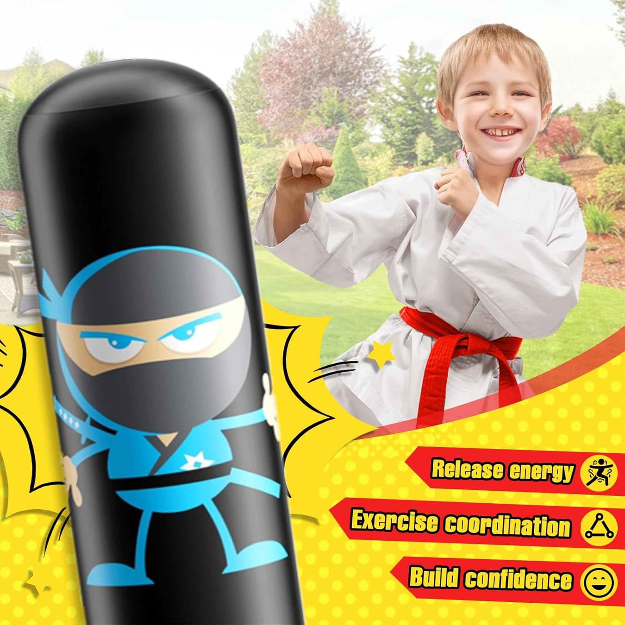 Sacco Da Boxe Gonfiabile Per Bambini – Design Ninja, 163 Cm, Con Base Stabile – Dai 3 Ai 12 Anni