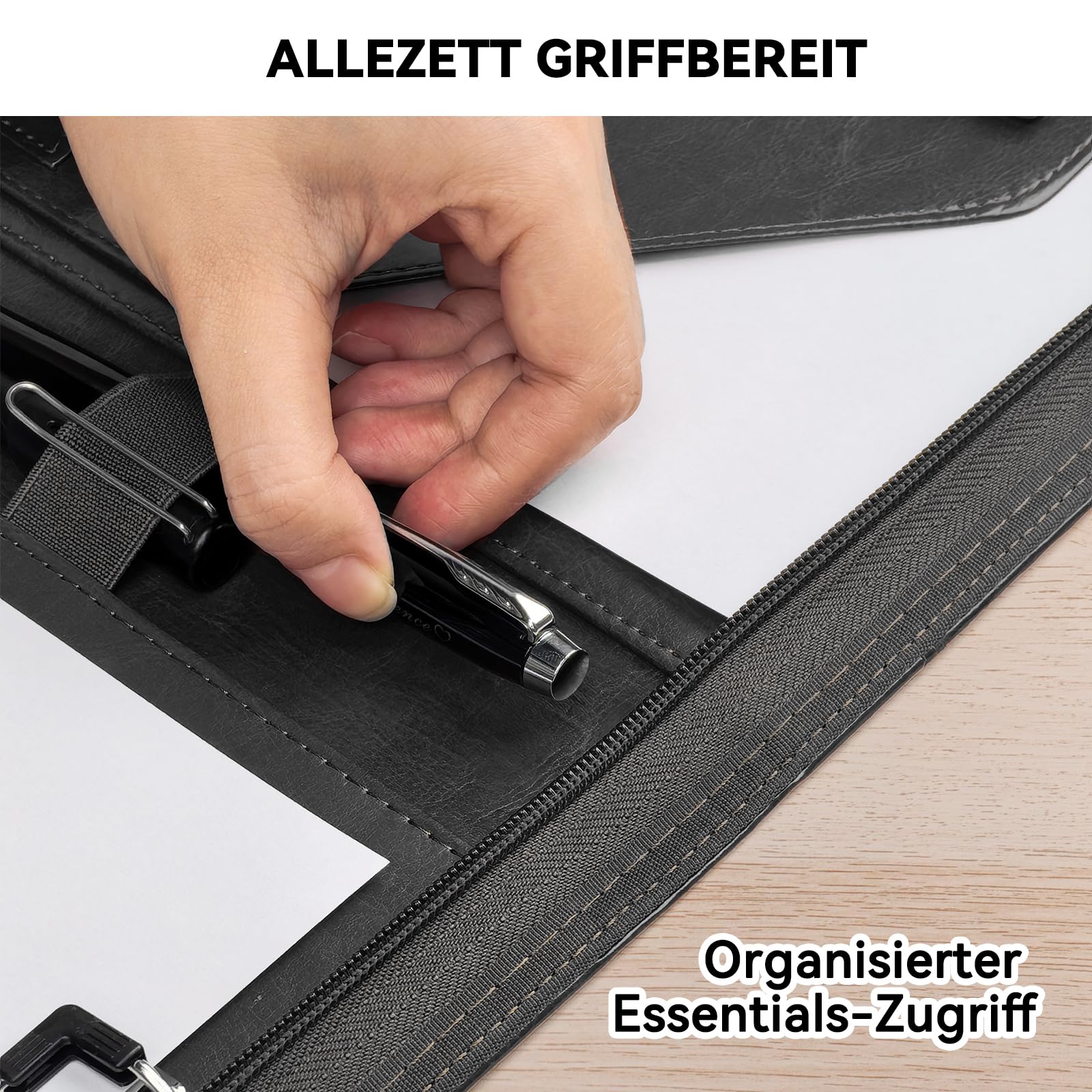 Dokumentenmappe A4, Wasserabweisend mit Reißverschluss &Klemmbrett, Kunstleder Mappe Ideal für Geschäftsreisen, Lehrer als Herrengeschenk oder für den Büroalltag – Schwarz