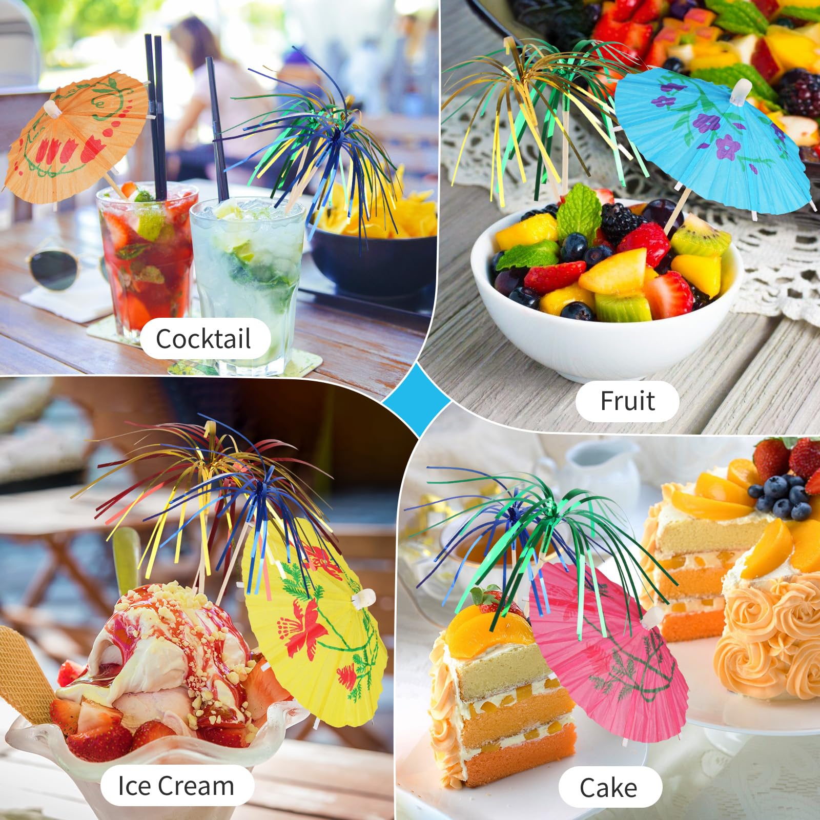200 Piezas Decoración de Cóctel, contiene 150 Piezas Palillos de Cócteles de Fuegos Artificiales, 50 Piezas Paraguas de Cóctel, para Cumpleaños Boda Fiesta Bebidas, Tartas y Frutas