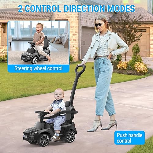 Miniatura 2 de Autos de empuje para niños pequeños de 1 a 3 años, autos 4 en 1 con licencia BMW con bocina, música, luces LED y mango de empuje controlable (negro)