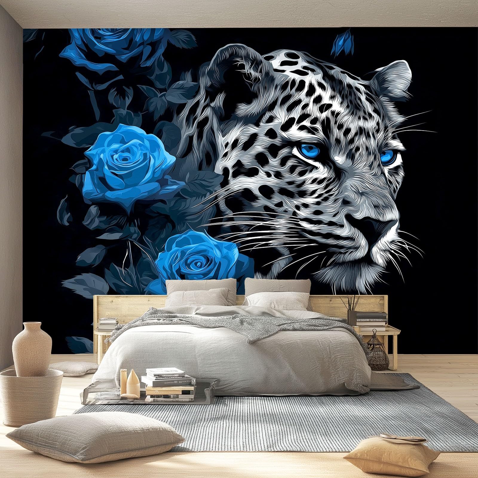 Zdjęcie ścienne 250 x 175 cm, niebieski różowy lampart, dekoracja z włókniny, do pokoju chłopięcego i biura, czarne