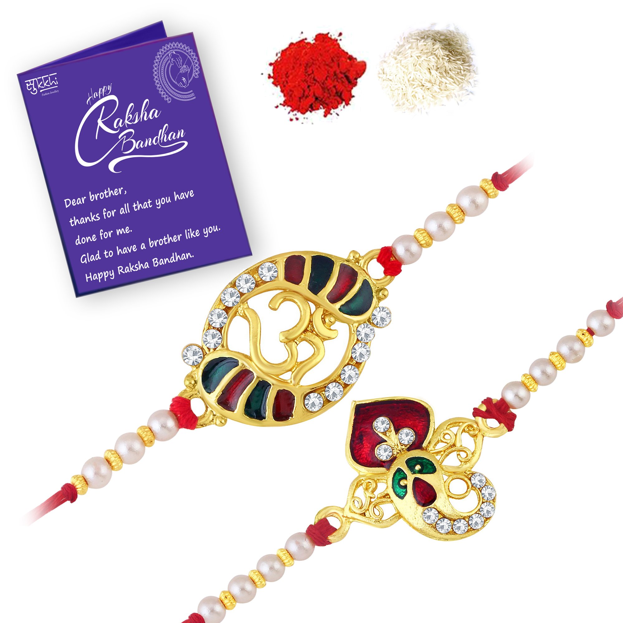 Sukkhi Rakhi Glittering Kundan Rakhi Combo & Designer Gold Plated Premium Rakhi for Brother, Roli Chawal & Greeting Card|Rakhi for Bhaiya|Rakhi for MEN|Kundan Rakhi|Rakhi Combo-Set of 2 |CB73450 (B0CD84HR3V) Amazon Price History, Amazon Price Tracker