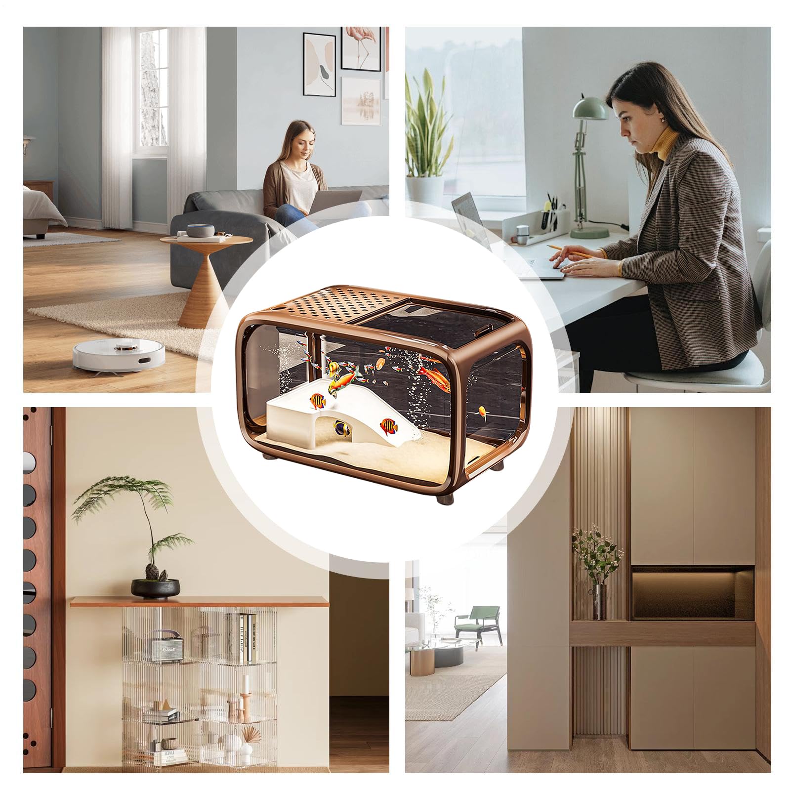 Acuario Para Peces Pecera De Escritorio Para Tortugas Con Decoración De | Recipiente De Paisaje Acrílico Transparente Con Orificio Para Alimentación Para Animales Acuáticos Como Betta