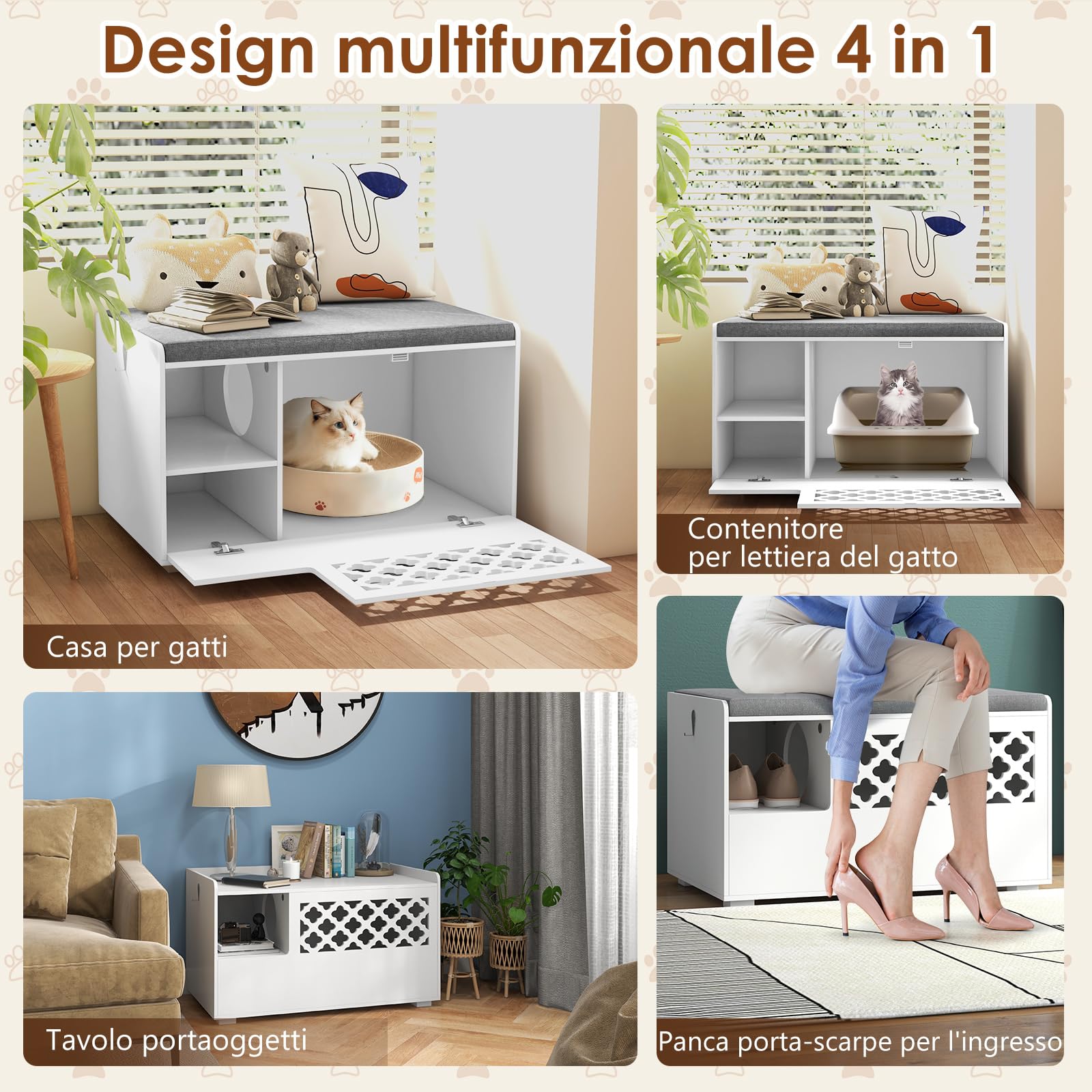 COSTWAY Mobile per Lettiera per Gatti, Panca con Cuscino Rimovibile per Gatti da Interno, Bianco, 90 x 48,5 x 52 cm