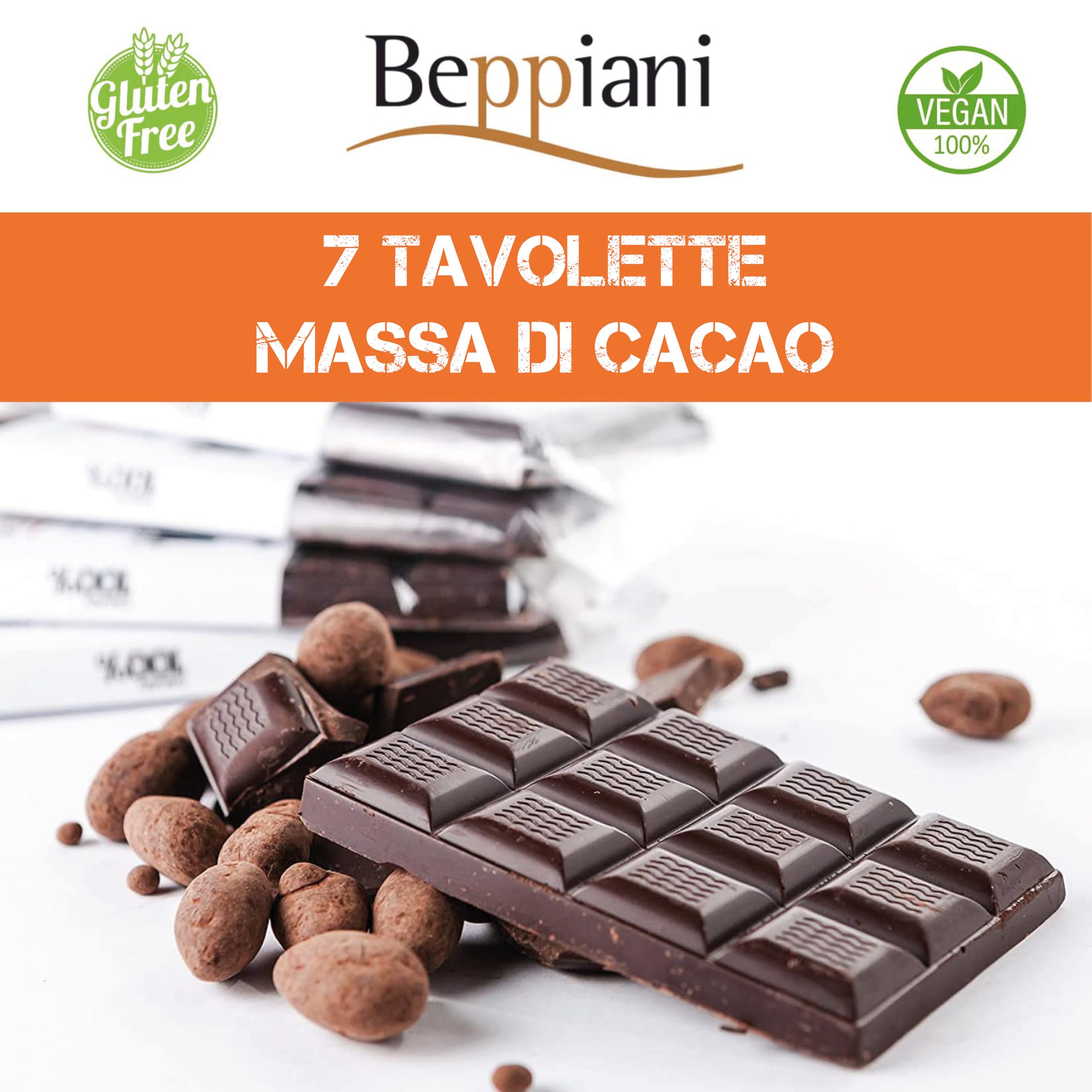 Beppiani 100% Massa di Cacao, Cioccolato Artigianale, vegana, senza zucchero, ricca di antiossidanti, per diete bilanciate – Made in Italy set (7 Tav. Classica)