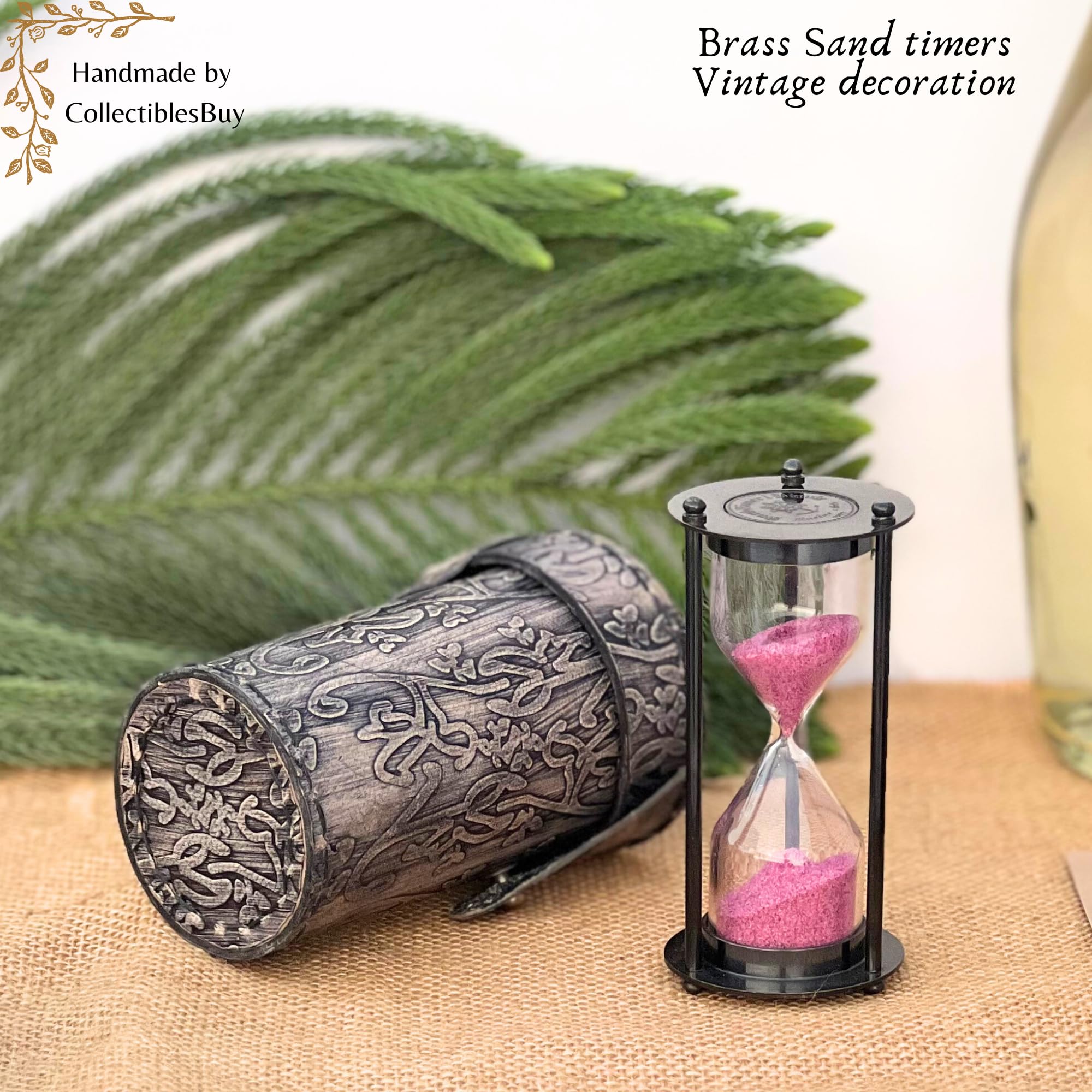 Antique Brass Hourglass with Engraved Grey Leather Case Vintage 3.5 Inch Sand Timer for Home Office Desk Shelf Decor Portable Collectible