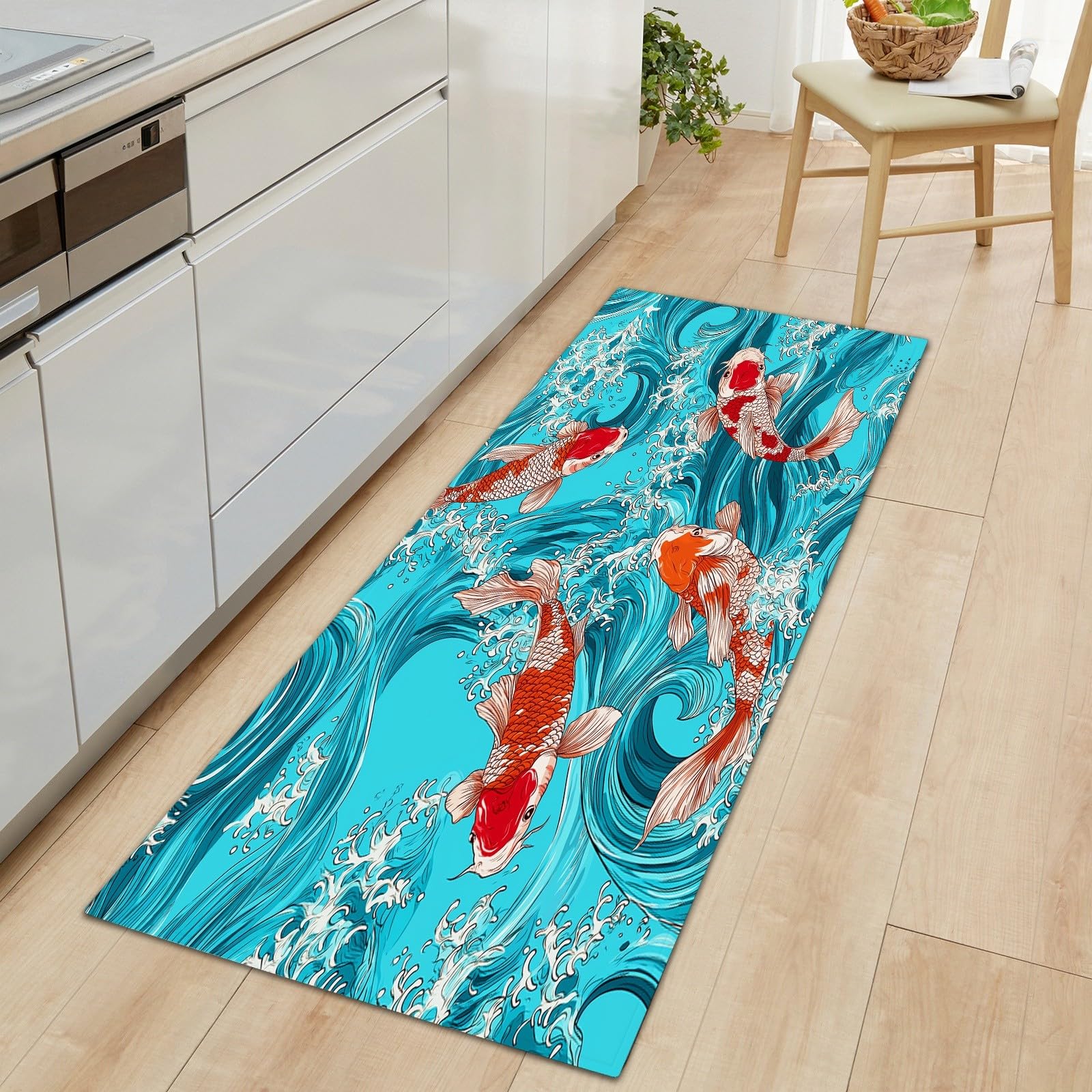 Generico Passatoia Ingresso Acqua Onde Animali Pesci, Tappeto Lungo Corridoio 80 x 120 cm - Tappeto Lavabile Stile Arte Giapponese Antiscivolo per Camera da Letto Cucina Ingresso