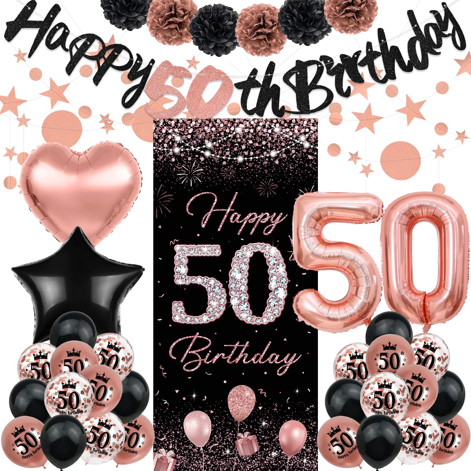 50th Birthday Decorations for Women, TSVATE Rose Gold Happy 50th Birthday Decorations, Banner, Backdrop Yard Door Wall, Balloons, Pompoms, Star