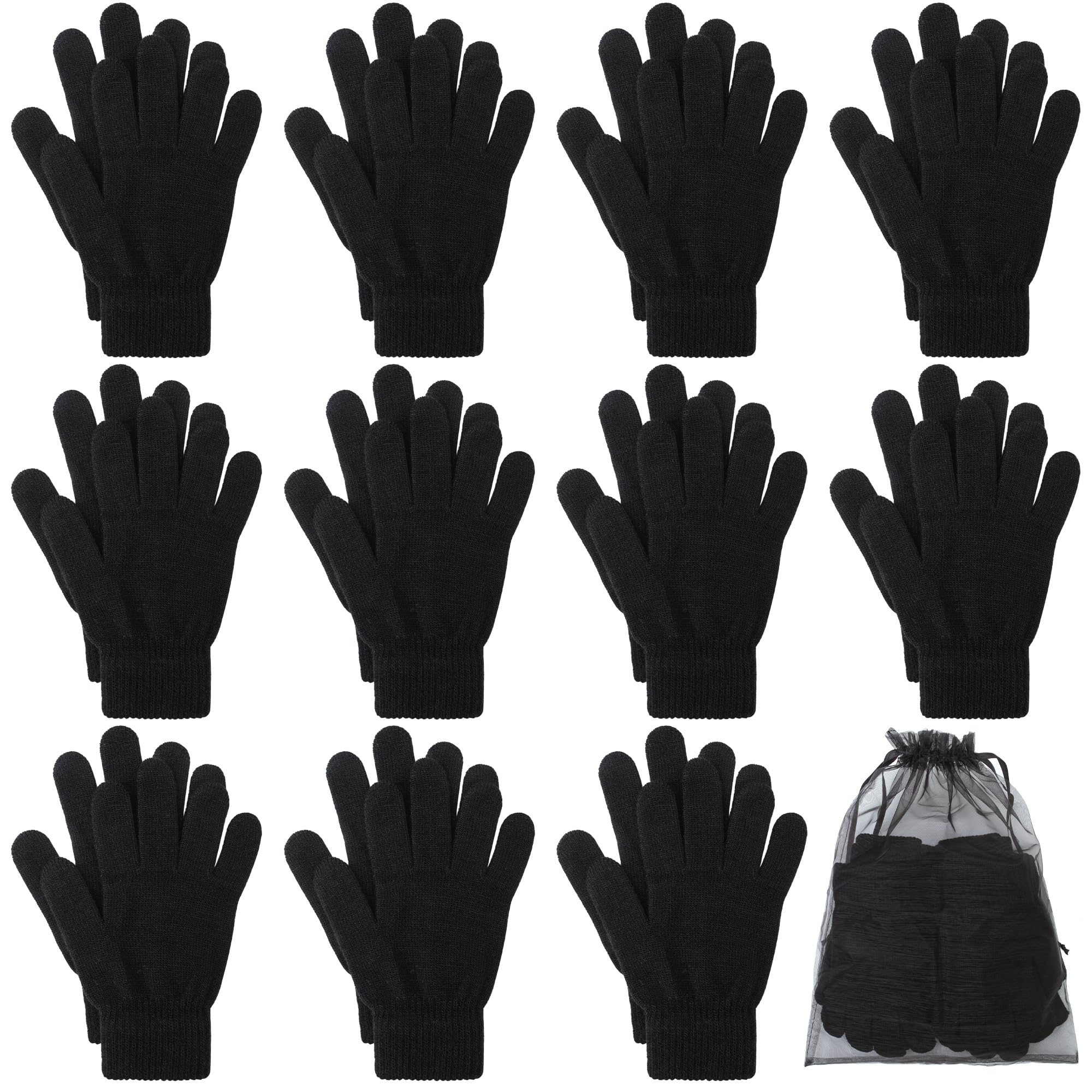 Cooraby 12 Pairs Winter Magic Gloves Stretchy Warm Knit Gloves with Mesh Storage Bag for Men or Women, Black, S
