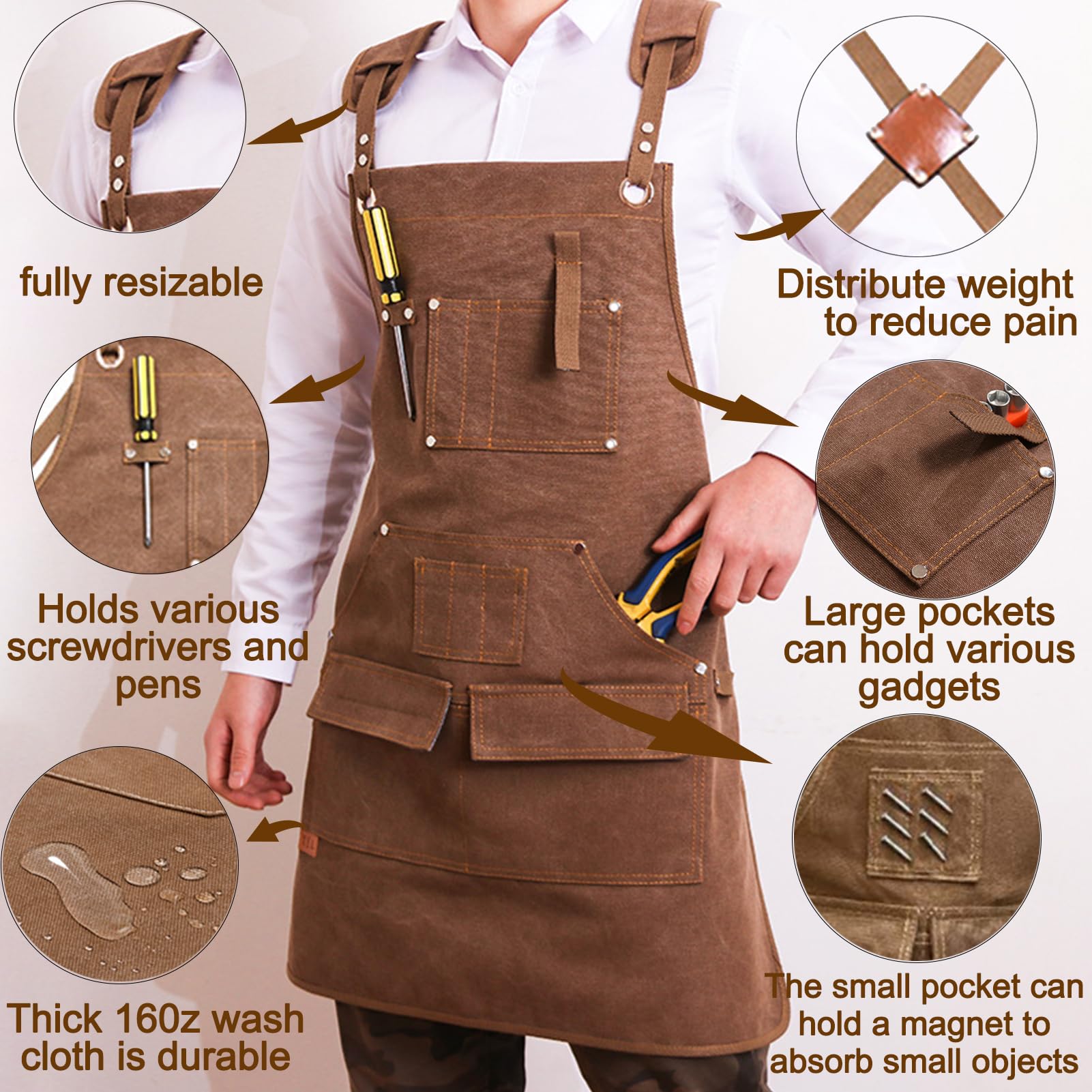 Delantal de Carpintero Con Bolsillos y Tirantes Ajustables - Herramientas de Trabajo Para Hombre - 9 Bolsillos de Lona Encerada Duradera