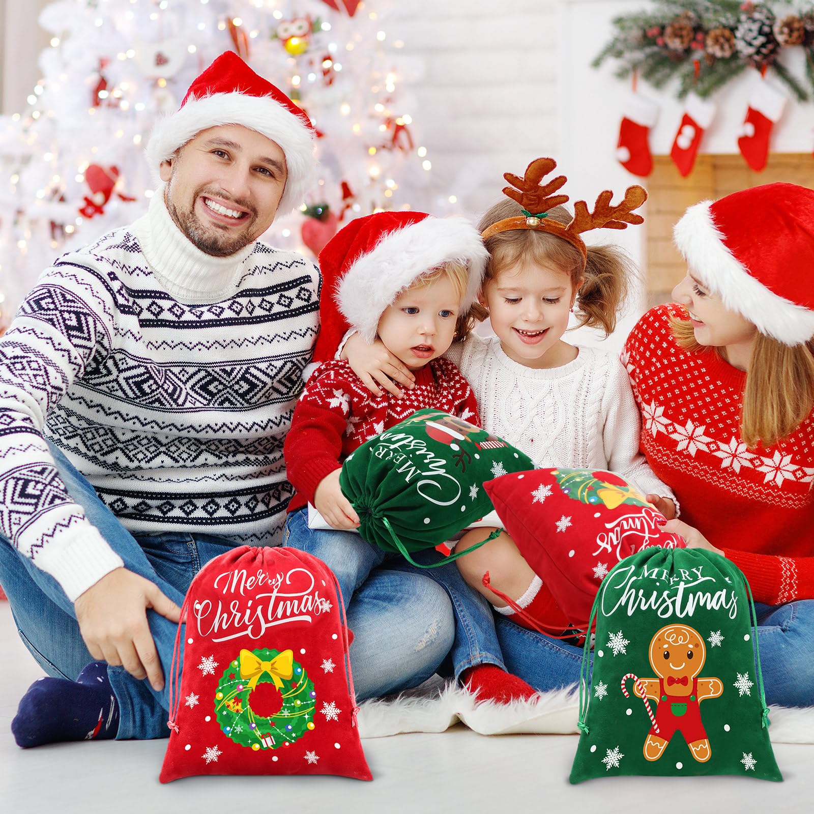 Abbylike 20 bolsas de franela de Navidad con cordón a granel, bolsas de regalo de Navidad de Papá Noel, bolsas de regalo de Navidad de tamaño mediano para envolver dulces para regalos de fiesta, 7.87