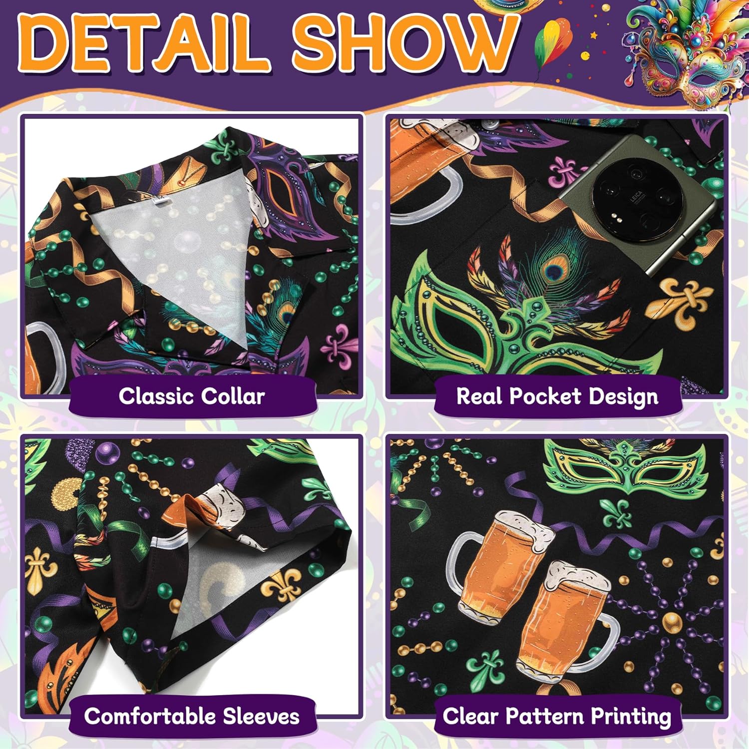 Mardi Gras Hawaiian Shirts for Men Women, Christmas Button Up Shirts, Hawaiian Holiday Shirt - Image 4