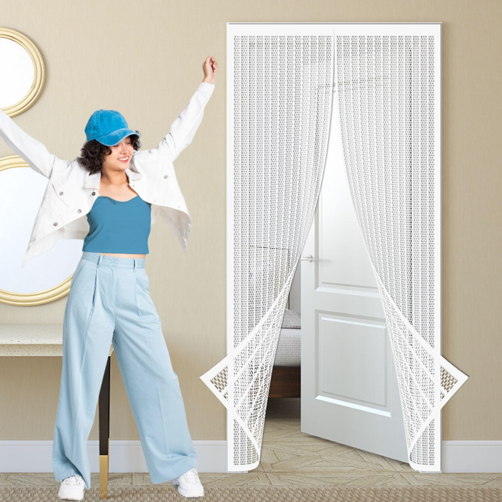 Caobaof White Magnetic Fly Screen 142 X 206 Cm Magnetic Door Curtain Without Drilling Snap Shut Automatically For Patio Balcony,