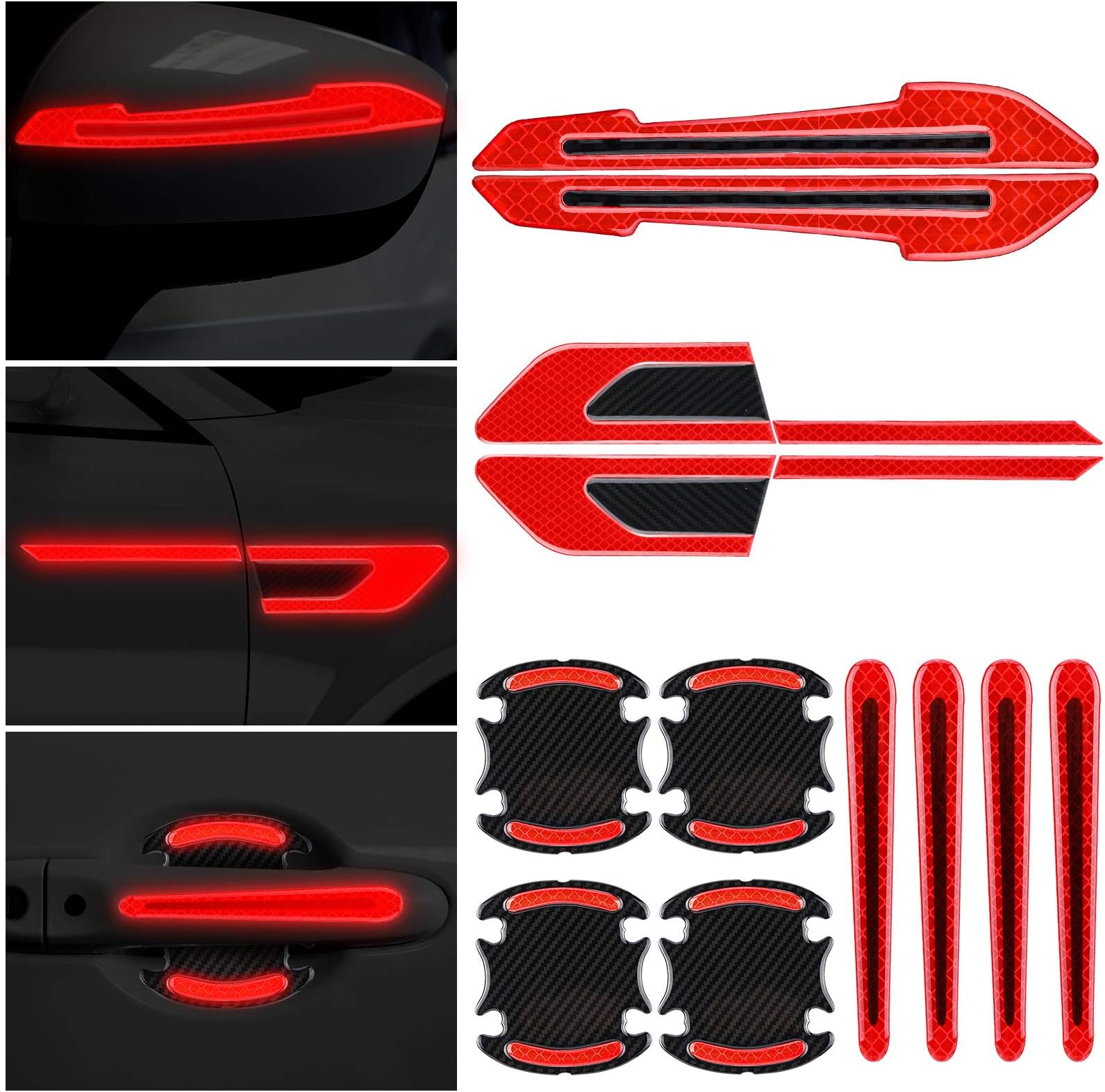 12 Pieces Reflective Car Stickers Set Rearview Mirror Reflective Warning Stickers Auto Door Cup Protectors and Handle Paint Scratch Films for Car Safety(Red)