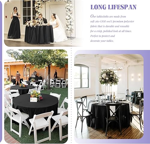Miniatura 3 de Paquete de 10 manteles redondos negros de 90 pulgadas de poliéster lavables para mesas redondas, resistentes a las manchas y a las arrugas, mantel