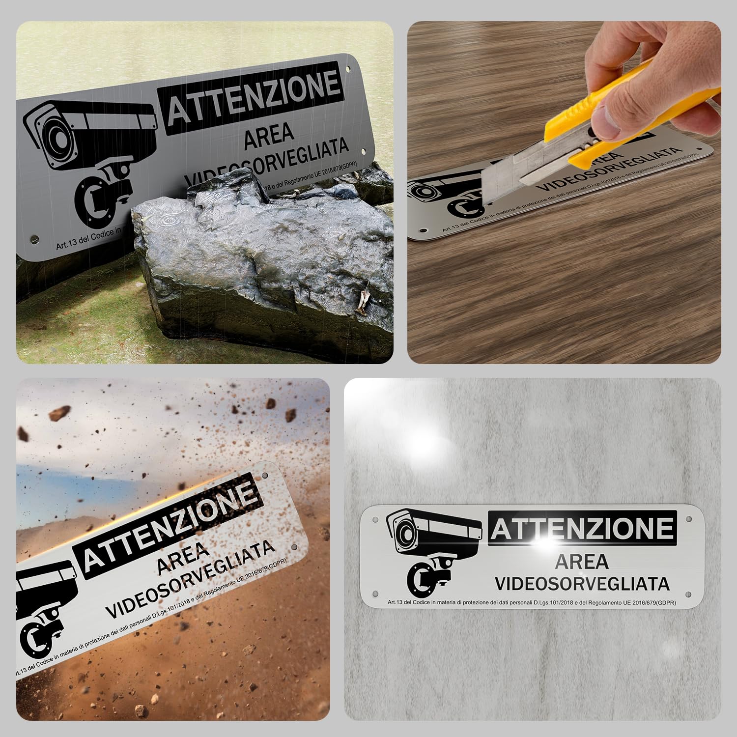 REIGY Cartello Area Videosorvegliata Alluminio da Esterno 15x5 cm, 4pcs Area Sottoposta a Videosorveglianza Adesivo GDPR, Cartelli Privacy Telecamere Sorvegliata per Proprietà Privata