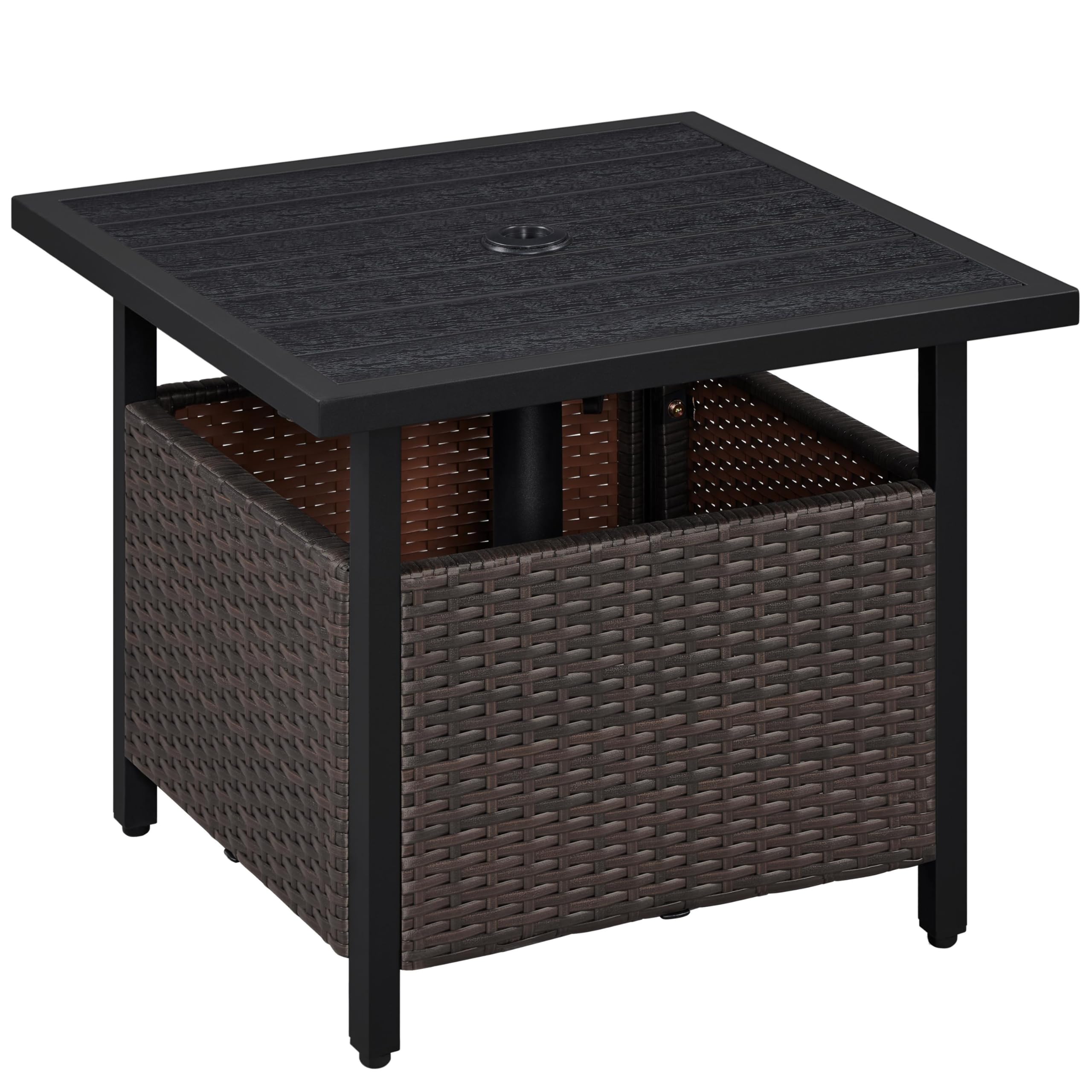 Yaheetech PE Rattan Outdoor Side Table, Plastic-Wood Top with Umbrella Hole