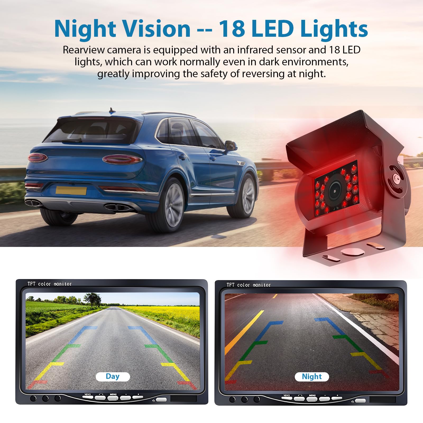 Kit Caméra de Recul et Moniteur LCD 7 Pouces écran, Vision Nocturne | IR Caméra de Recul filaire étanche avec 18LED 12V-24V Caméra Filaire avec 15M Câble pour Camping Car, Camions, Remorques, Bus