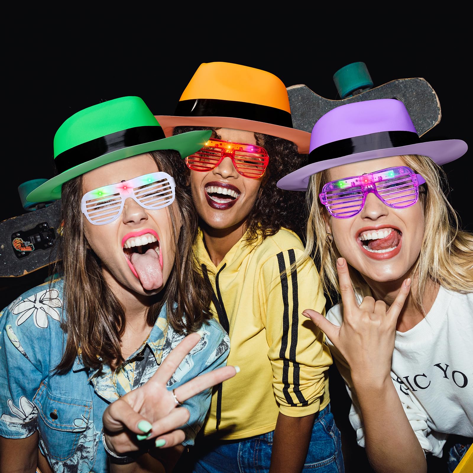 Lot de 60 chapeaux de fête néon avec 30 lunettes lumineuses à DEL en plastique de couleur fluo pour fête des années 80