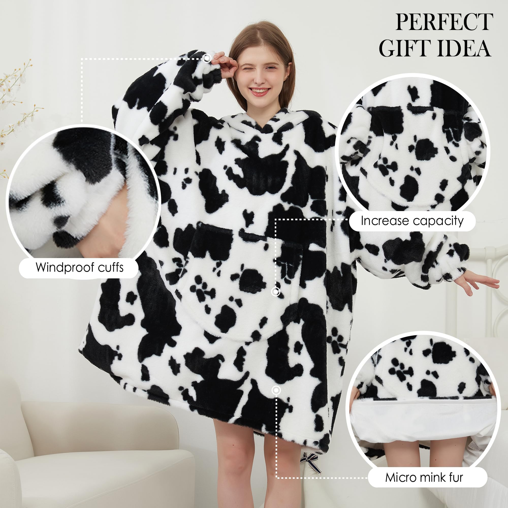 Viviland Felpa con cappuccio oversize super morbida, calda e confortevole, pullover gigante con grande tasca frontale, regalo per donne, uomini, adolescenti, stampa mucca