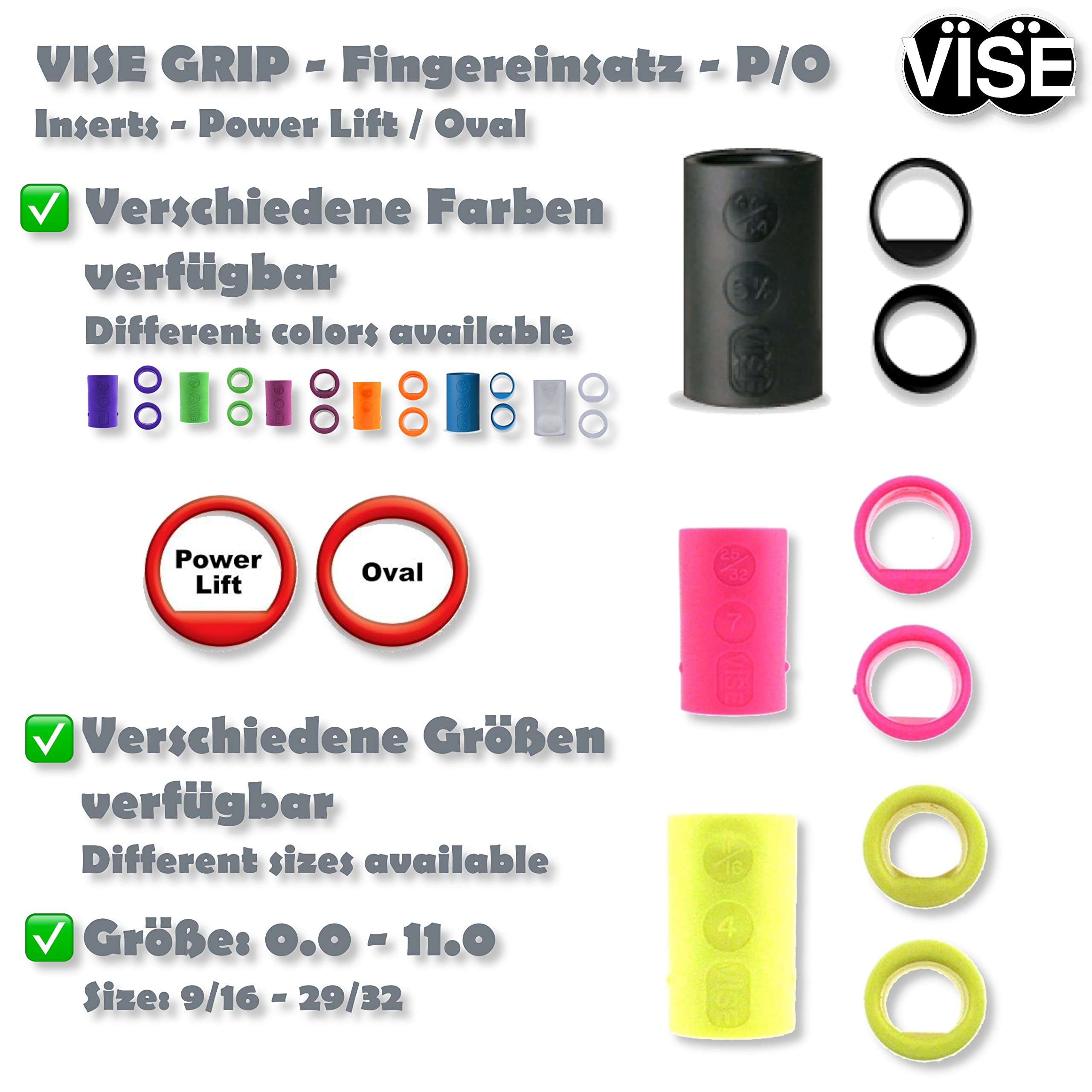 Vise Grip - Inserti per dita P/O - Power Lift/Ovali - Inserti in gomma per una palla da bowling - Duo Pack - Manici durevoli con due lati - Vestibilità ridotta - Diverse dimensioni e colori