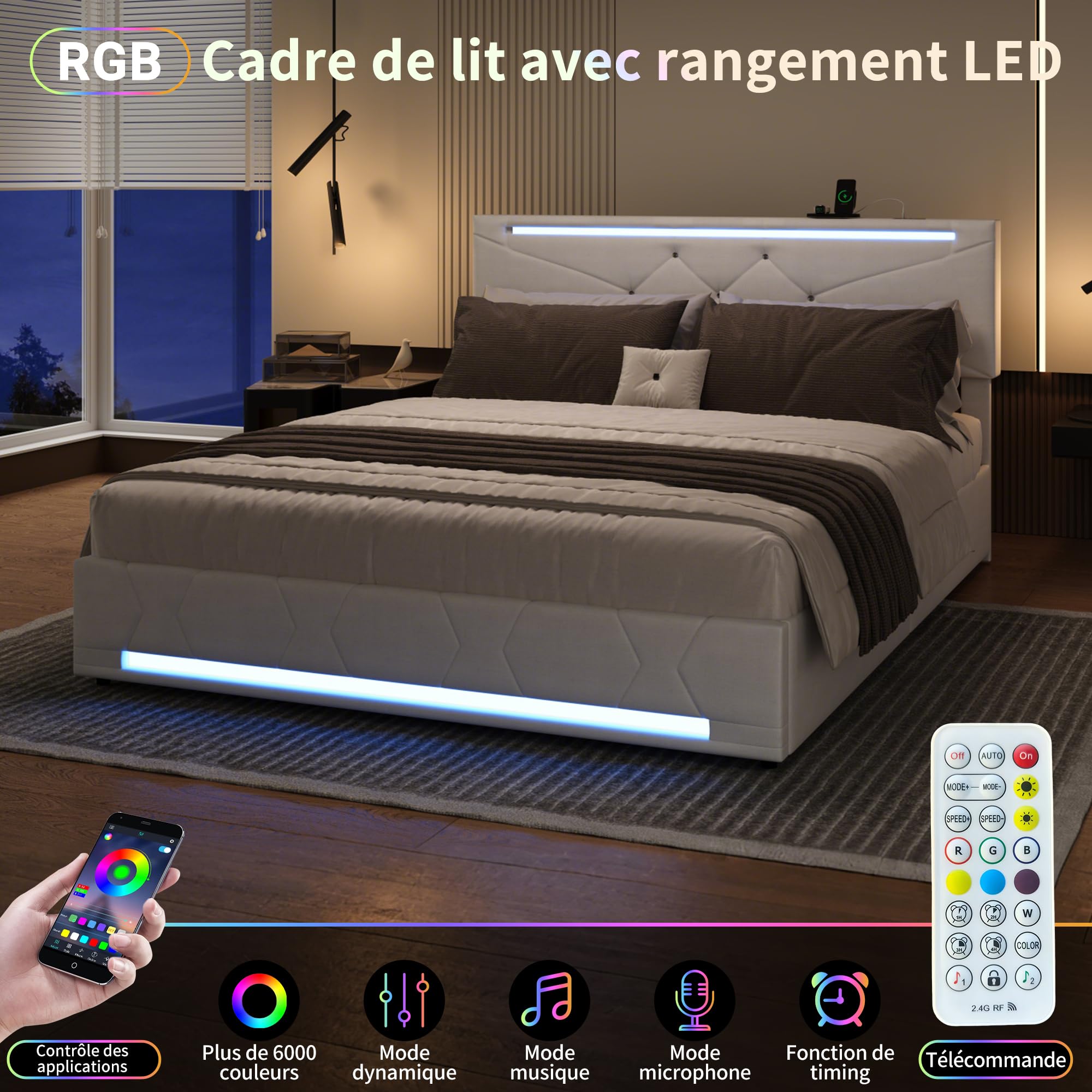 Letto matrimoniale contenitore, 160x200 cm, Letto Baule LED e Porte USB, testiera regolabile, Letto imbottito con contenitore idraulico, Struttura letto con rete a doghe, Lino (Beige/3, 160x200 cm)