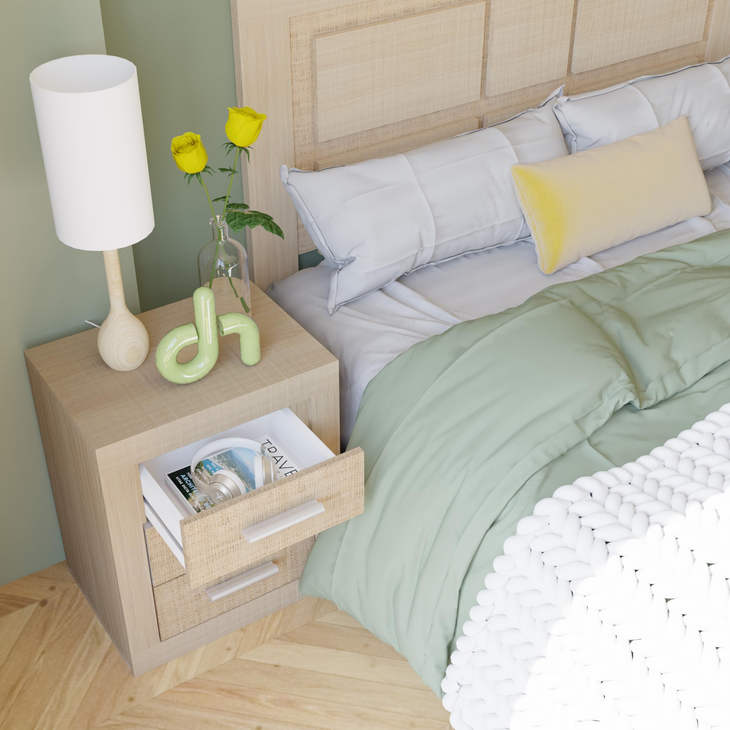 duehome | Mesita de Noche, Mesilla de Dormitorio, Modelo Kira, Acabado en Color Tofe y Textil, Medidas: 50 cm (Largo) x 34,6 cm (Fondo) x 60 cm (Alto)