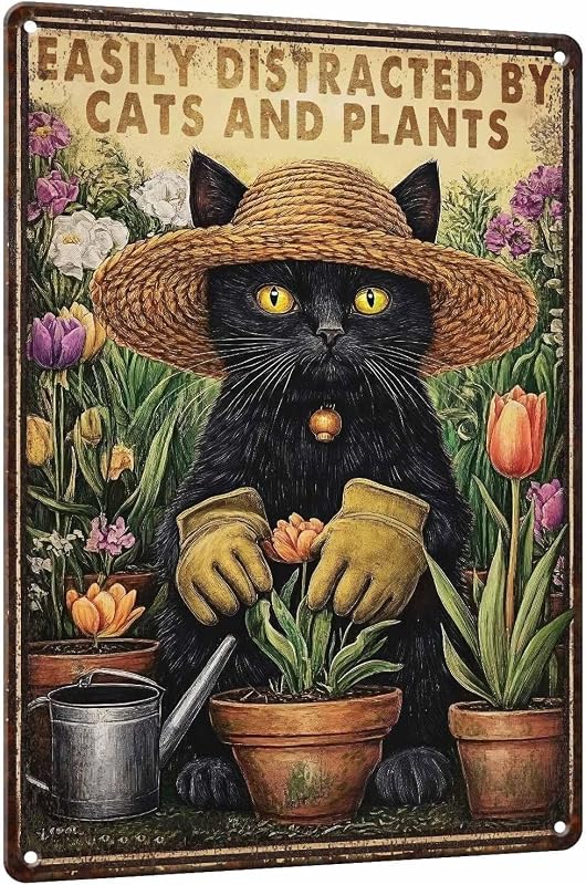 Letreros divertidos de gatos, letreros de metal para jardín, para exteriores, 8x12 pulgadas | Diseño con el mensaje "Fácilmente distraído por gatos y plantas" para la decoración de jardines de gatos, patios, invernaderos, cobertizos, cocinas y cuartos de plantas.