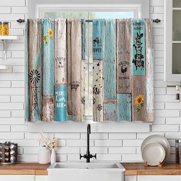 Jekeno Wooden Barn Door Kitchen Curtains Farmhouse Vintage Plank Striped Short Cafe Decor for Living Room Tier for Bathroom Rod Pocket Window Drapes 45 Inch Length 2 Panels Set