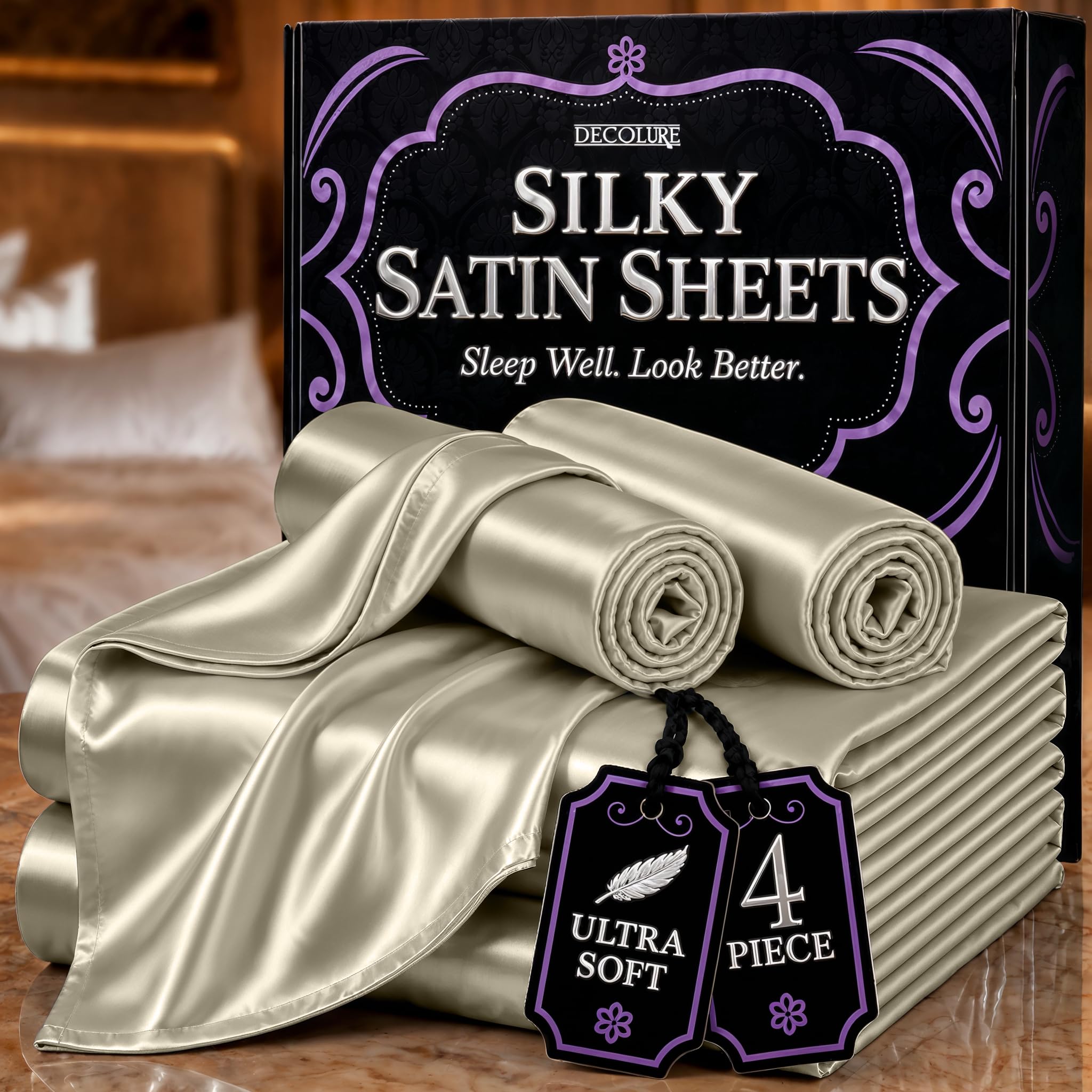DECOLURE Satin Sheets Full Size Set 4 Pcs - Silky & Luxuriously Soft Satin Bedsheets for Double Bed w/ 15 inch Deep Pocket - Similar to Silk Sheets - Double Stitching, Wrinkle Free (Taupe) โ image 1