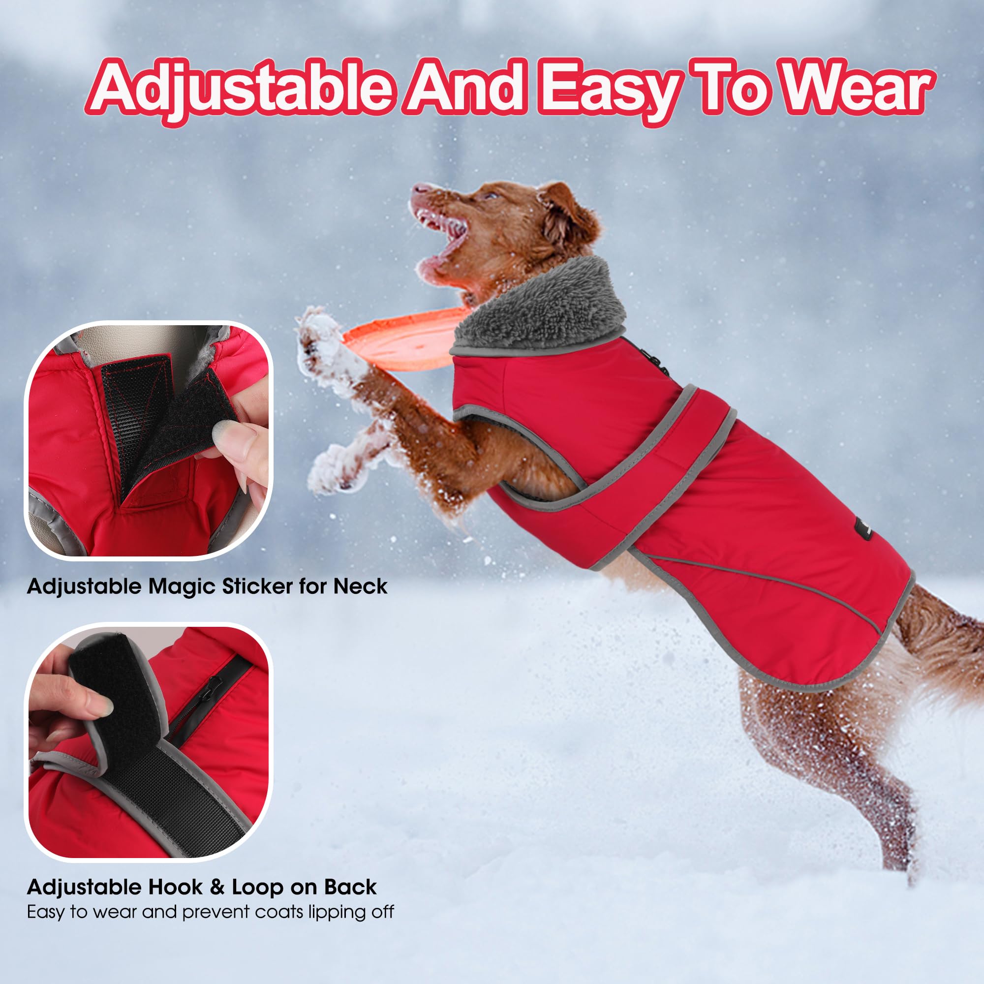 Dogcheer Cappottino per cani, impermeabile e riflettente, con gancio e anello regolabili, giacca in pile per cuccioli di Natale, a collo alto, per cani di taglia piccola, media e grande, rosso, XL