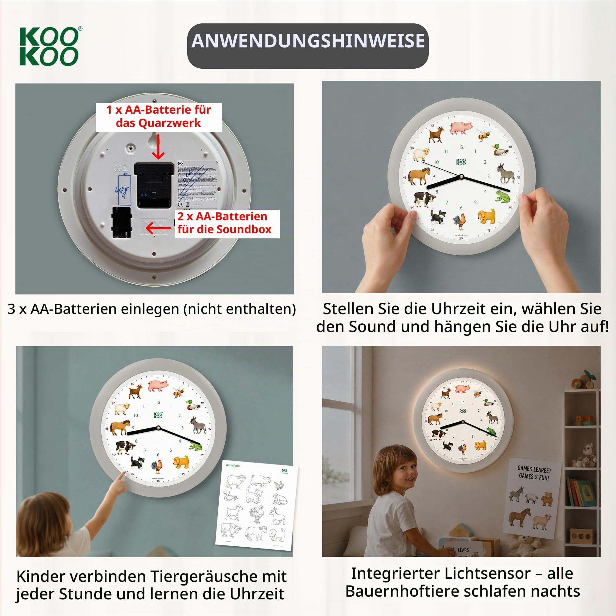 KOOKOO KidsWorld seiden-grau, Bauernhofuhr mit 12 echten Tierstimmen vom Land