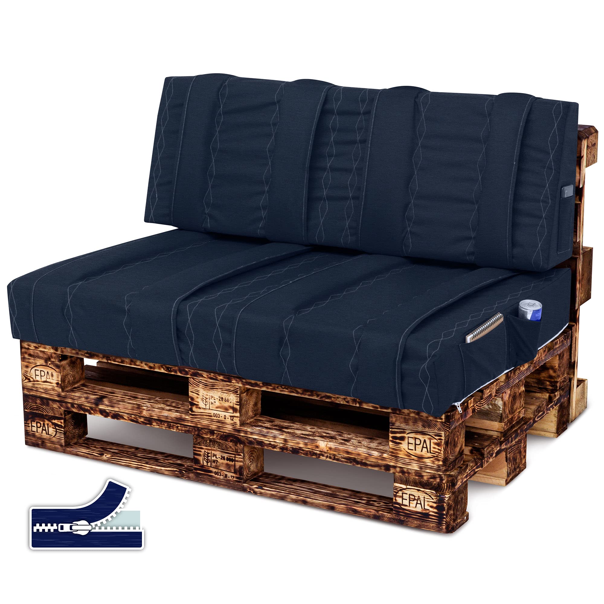 Spatium pallet cushions, removable pillowcase, water-resistant, upholstery design, resistant to stains (Navy Blue Seat Cushion 120x60x15)