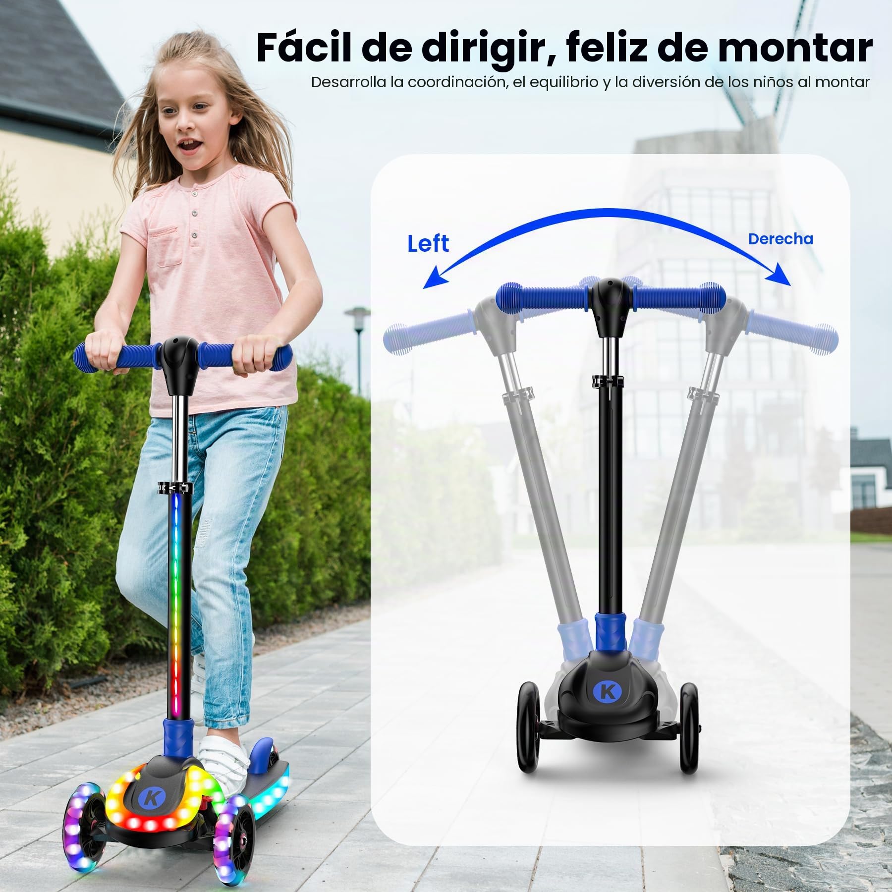 Patinete Ajustable 2 en 1, de 3 a 12 años, con Manillar de 5 Niveles, Asiento extraíble, Ruedas LED, Plegable, Rosa (niñas y niños) y Negro.