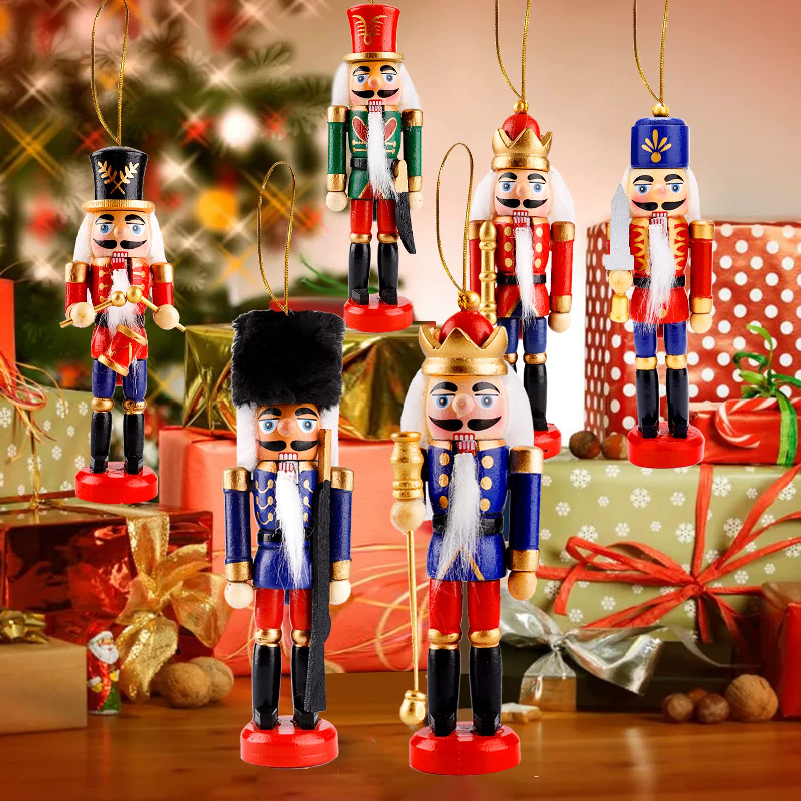 Frasheng 6 Pièces Décorations de Noël Casse-Noisette,Casse Noisette en Bois,Casse-Noisettes Soldat de Noël,Casse-Noisette Noel Soldat Figurine,Casse-Noisette de Noël Traditionnels en Bois,13 cm