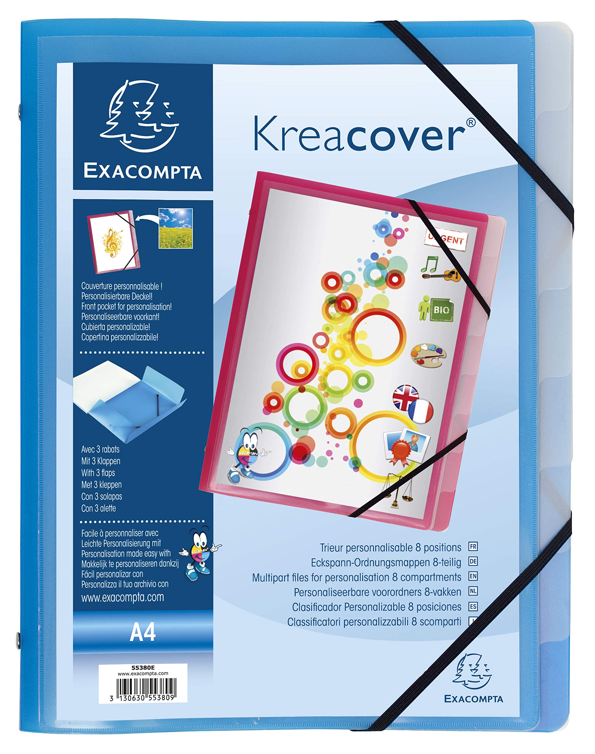 Exacompta 55380E 10er Pack Premium Ordnungsmappe Kreacover. Aus stabilem Kunststoff DIN A4 8 Fächer mit 2 Gummizügen und 3 Klappen Register-Mappe Eckanner-Mappe 1 Stück Zufallsfarbe