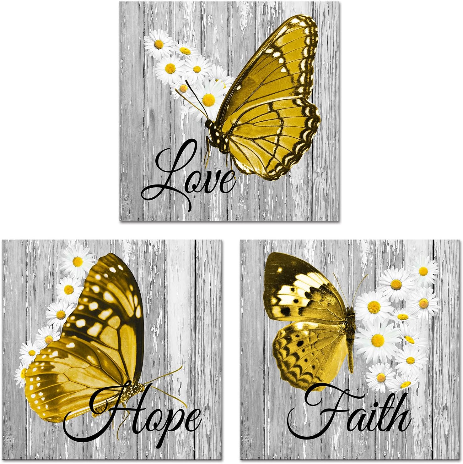 Artsbay Buttterfly Wall Art Yellow Daisy Home Decor Inspirational Quotes Canvas Painting for Bedroom Living Room Office Decoration 12" W x 12" H x 3PCS