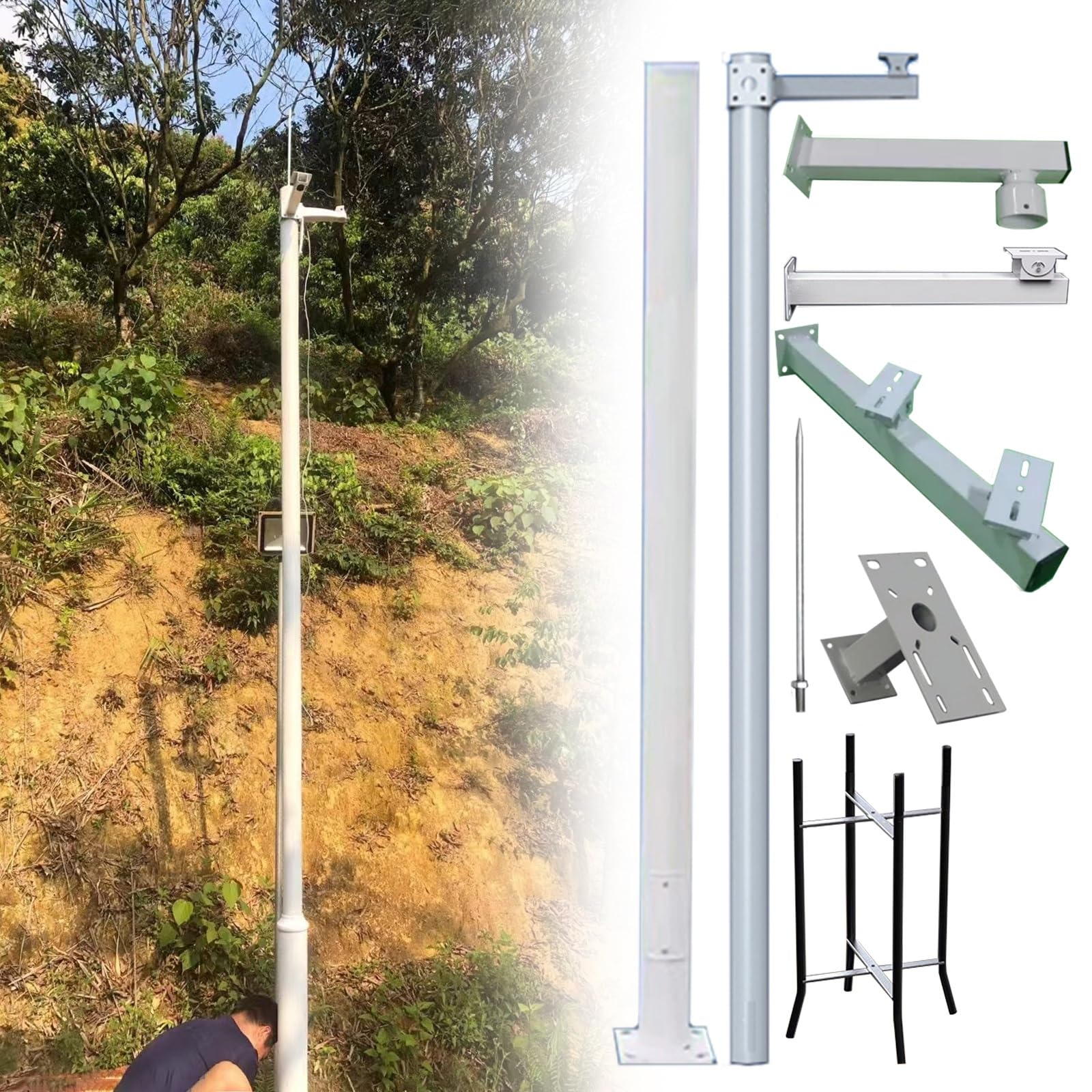 MRVAKDYDI Weatherproof Steel Surveillance Post, Heavy Duty Security Camera Pole with Mounting Arms, Adjustable for Dome PTZ CCTV, White, Multiple Sizes(H 250cm/8.2ft(2 Sections))