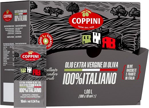 Olio extra vergine di oliva Coppini 100% Italiano estratto a freddo in bustine monodose 10 ML - 1 dispenser x 104 bustine