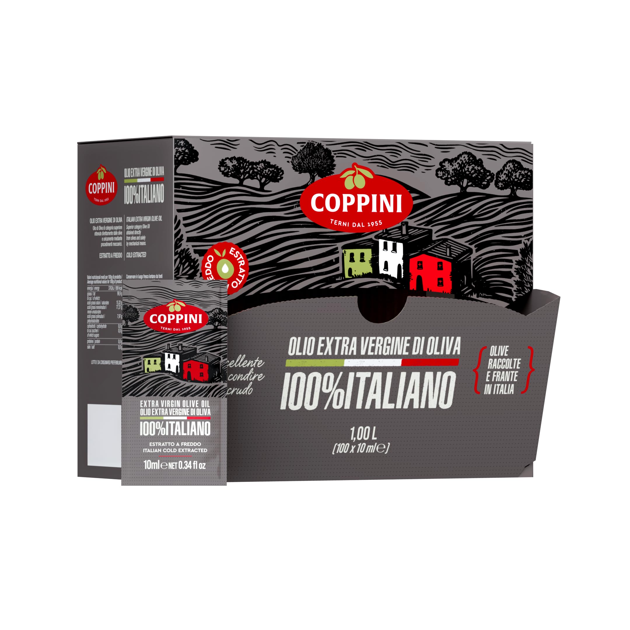 Olio extra vergine di oliva Coppini 100% Italiano estratto a freddo in bustine monodose 10 ML - 1 dispenser x 100 bustine