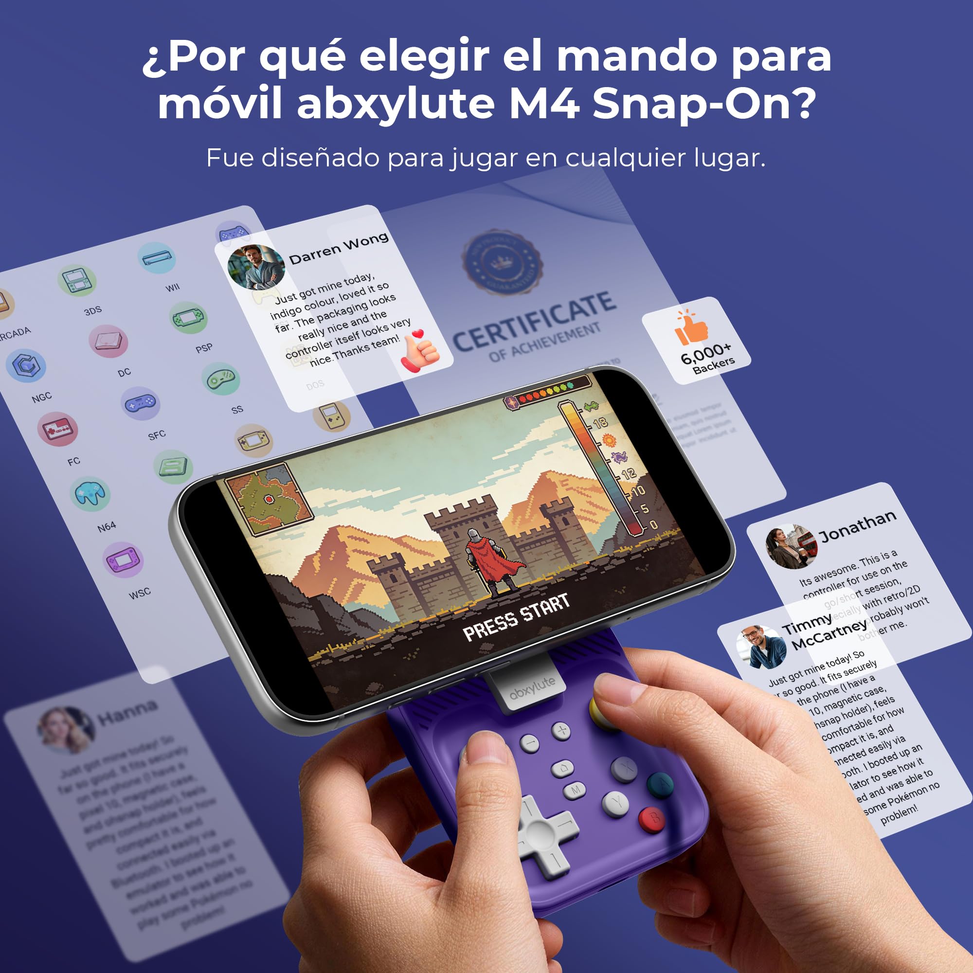 abxylute Controlador de juegos móvil M4 Snap-On para Android y iPhone, controlador portátil ligero para teléfono, soporte para gamepad retro de bolsillo, doble joystick turbo (azul)