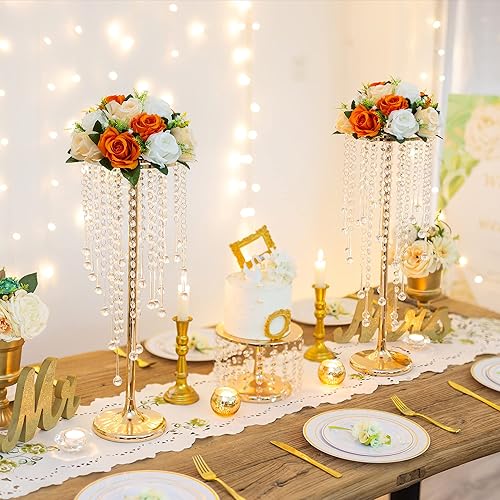 Miniatura 4 de Sziqiqi Centros de mesa de flores para mesas de boda de metal, jarrones altos con cuentas de cristal de araña para mesa principal, soporte de flores